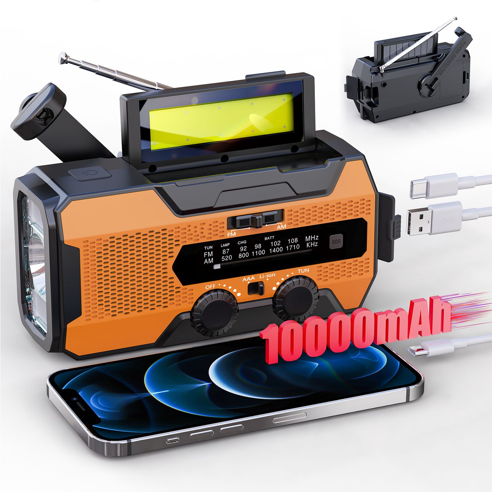 Solarbaby Solar Radio, AM/FM Kurbelradio mit Handy Ladefunktion Notfallradio (SOS Alarm, Leselampe)