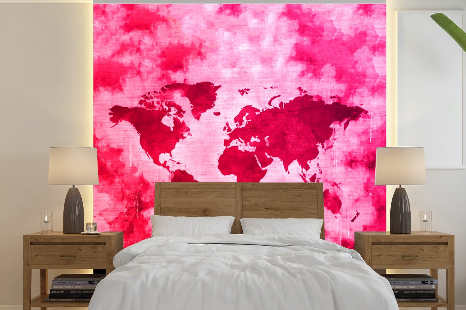 MuchoWow Fototapete Weltkarte - Farben - Rosa, Matt, bedruckt, (5 St), Vinyl Tapete für Wohnzimmer oder Schlafzimmer, Wandtapete