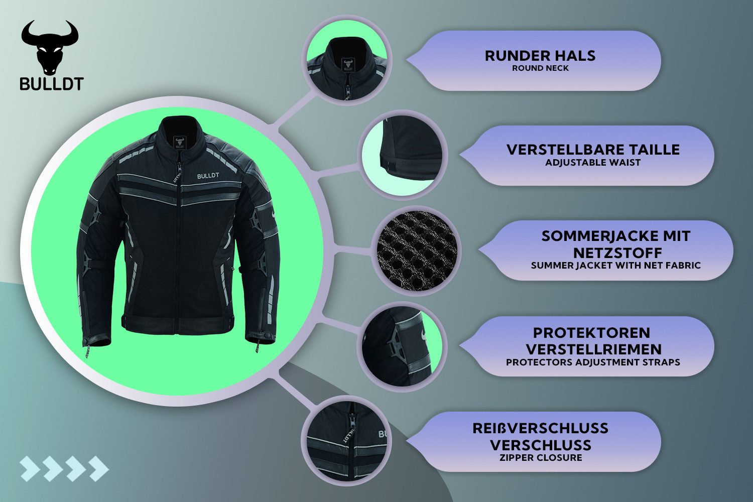 BULLDT Motorradjacke BLD323J (mit abnehmbare 4 Stück Protektoren) Sommer Jacke mit Mesh-Netz 360° Reflektoren & Zipper-Taschen