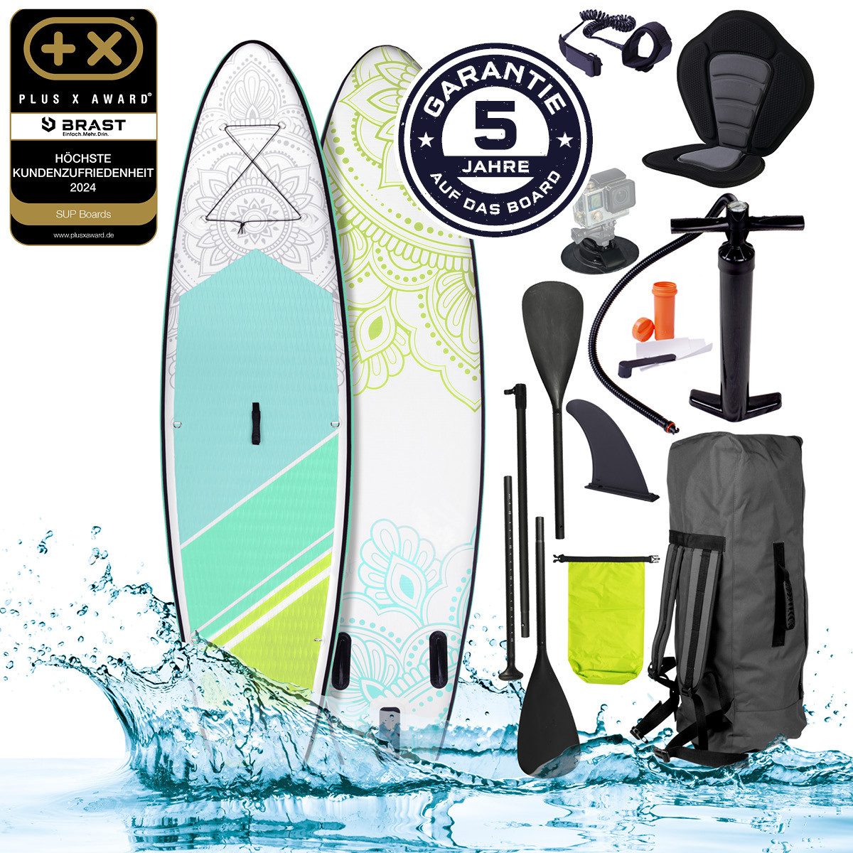 BRAST SUP-Board Aufblasbares Stand up Paddle Set für Frauen viele Modelle, (300x76x15cm), incl. Zubehör, 5 Jahre Garantie, Fußschlaufe Paddel Pumpe Rucksack