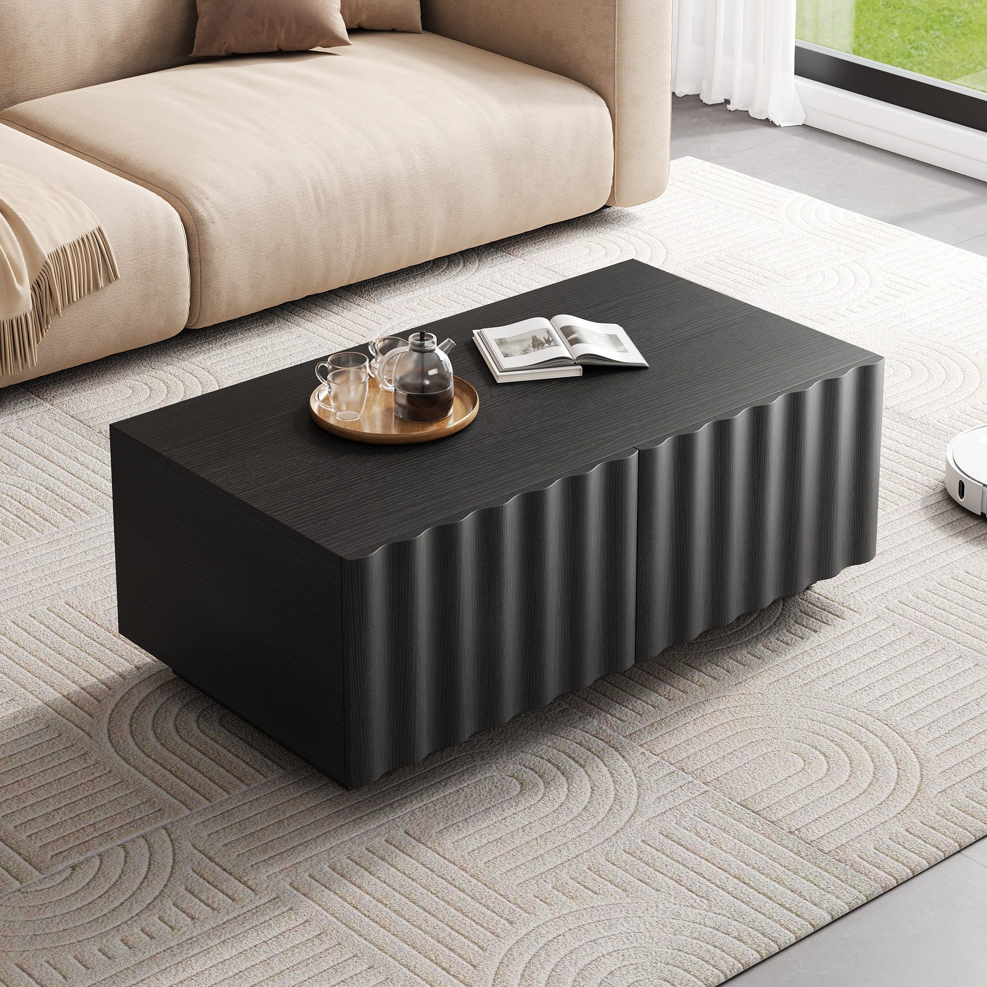 Merax Couchtisch mit Wellenmuster und 2 Schubladen (1-St), Wohnzimmertisch mit Stauraum, 100x50x40 cm – Bild 2 von 5