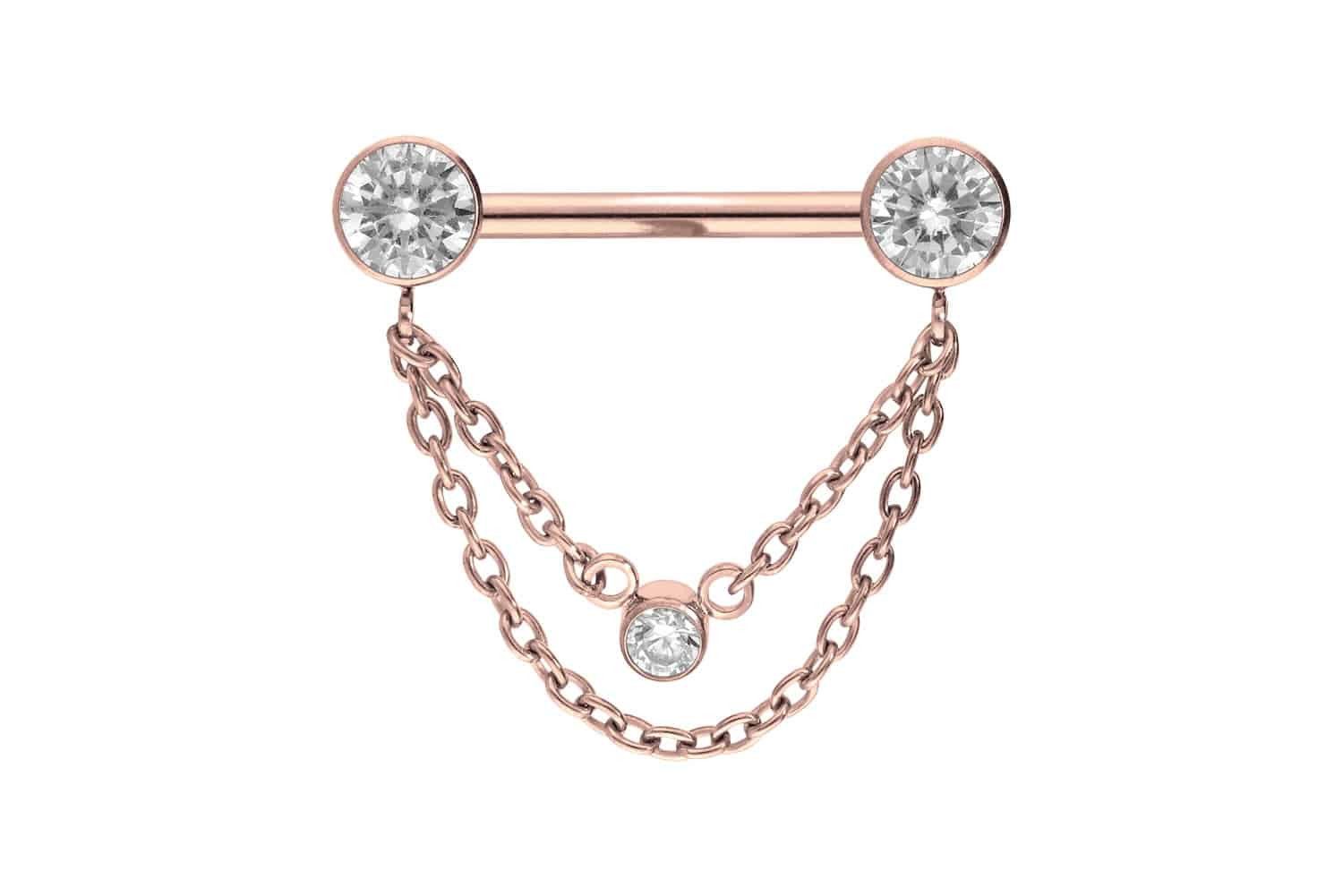 PIERCINGLINE Brustwarzenpiercing Titan Barbell mit Push Fit 2 KETTEN + KRISTALLDISCS (Barbells, 1-tlg)