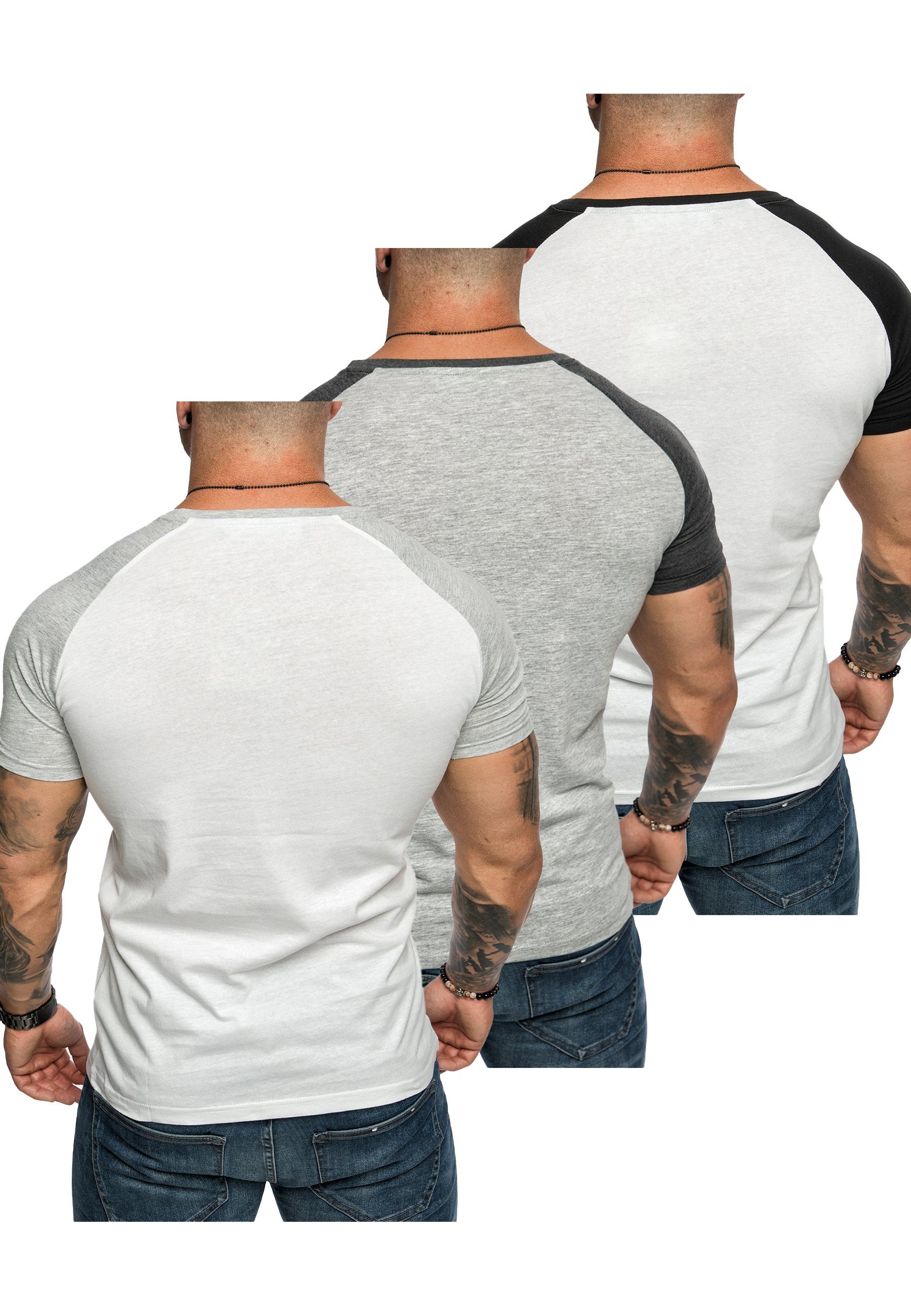 3. Basic T-Shirt Kontrast Amaci&Sons T-Shirts (3er-Pack) Herren Weiß/Schwarz) Oversize T-Shirt 3er-Pack SALEM + Grau/Anthrazit + (Weiß/Grau Raglan