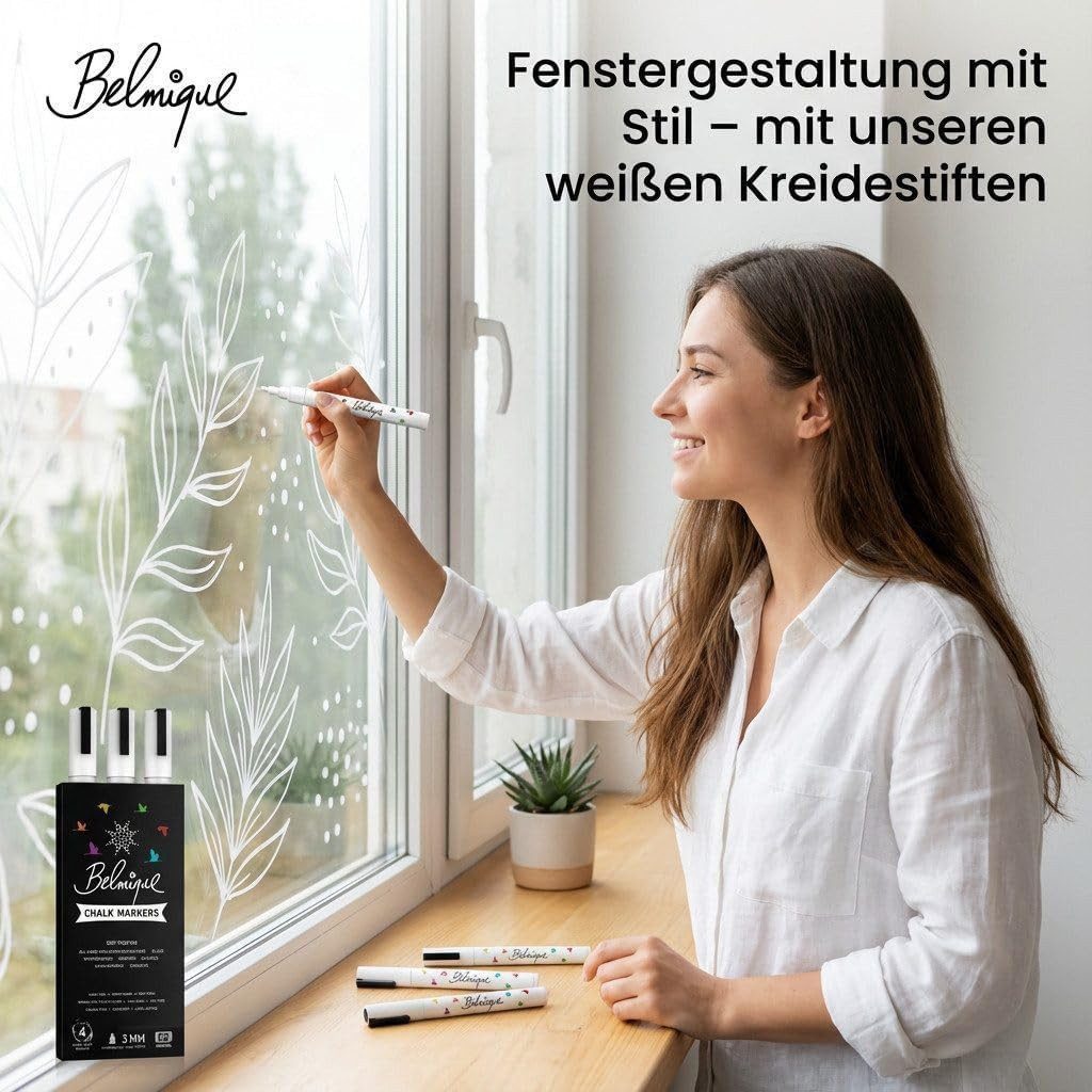 Belmique Malkreide Kreidemarker, (9-tlg., 3MM - 15MM weiße Kreidemarker, Inkl. Tafelsticker), Ideal für Tafel, Fenster, Whiteboard - Rund- & Schrägkeilspitze