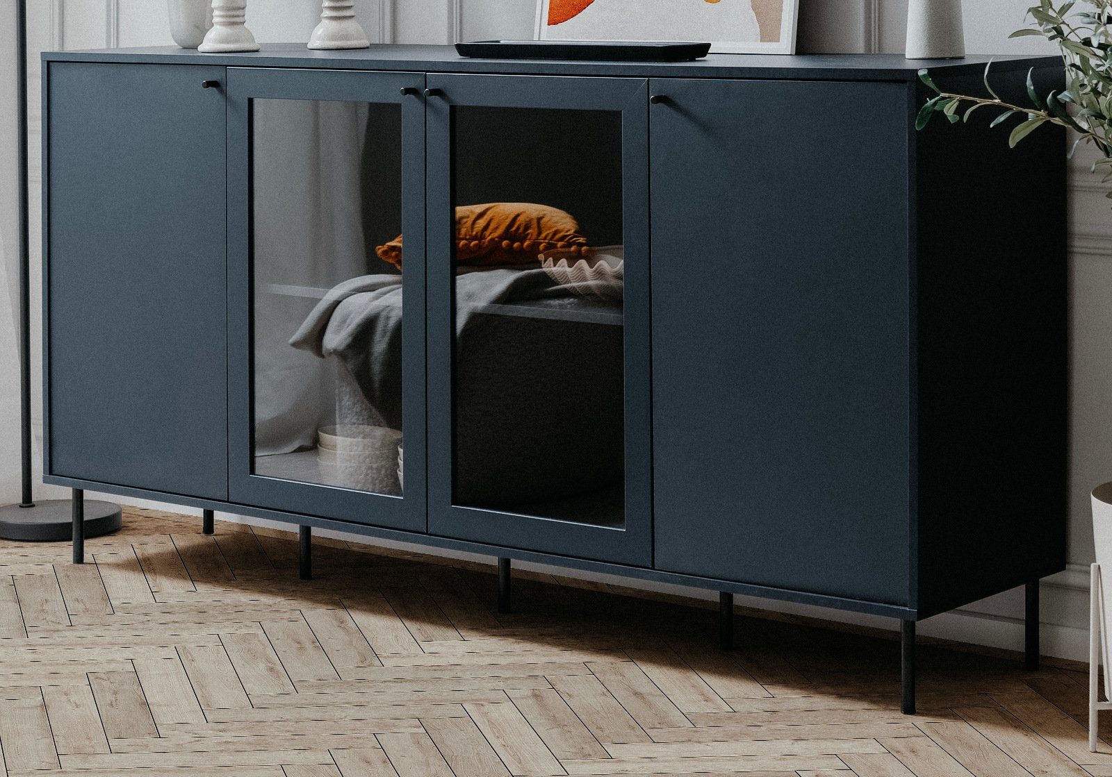 Finori Sideboard Caracas (Anrichte in dunklem blau, 4-türig, 180 x 90 cm), mit 8 Fächern