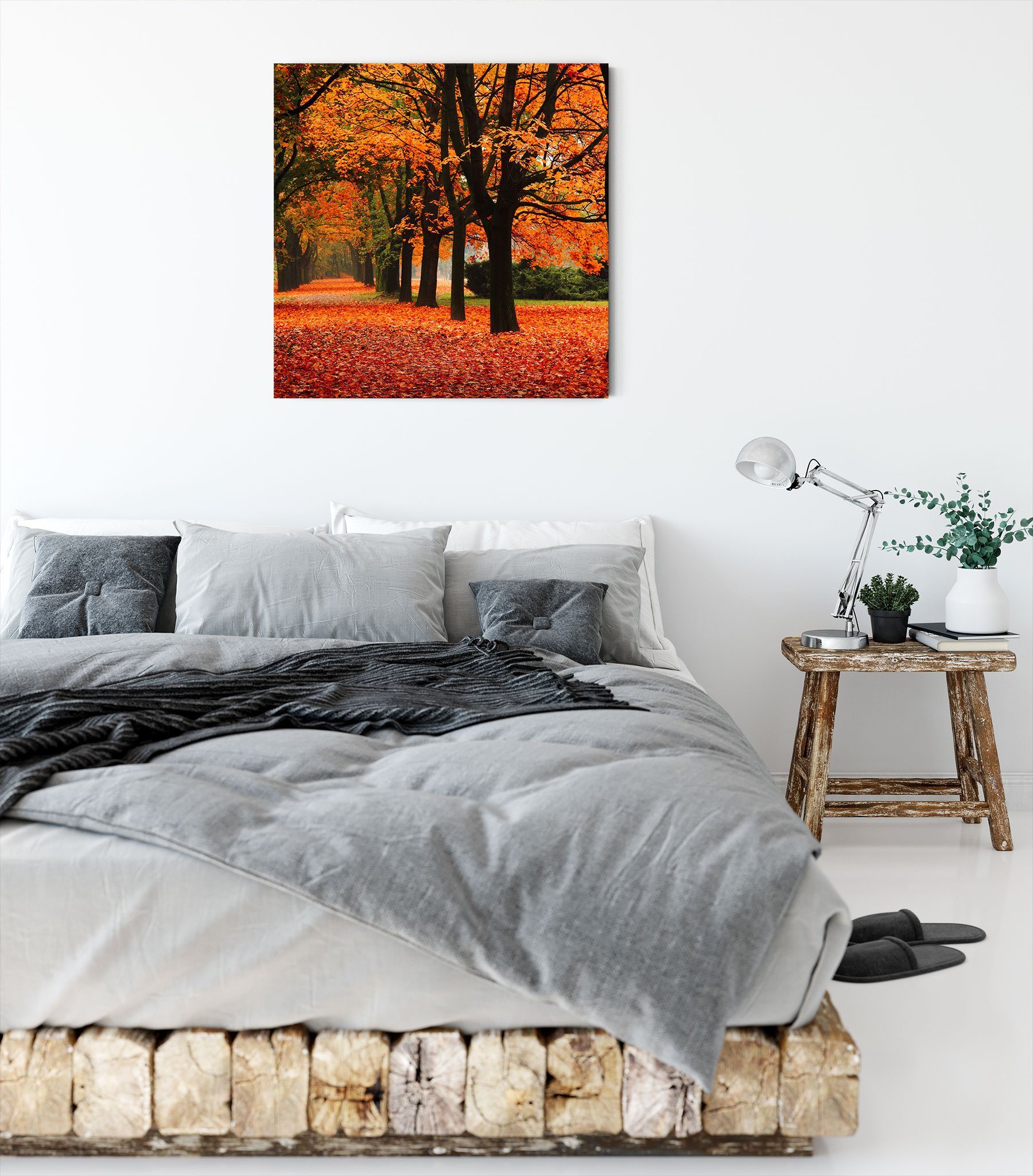fertig im Herbst, St), bespannt, Pixxprint Herbst (1 inkl. Leinwandbild Zackenaufhänger im Leinwandbild Baumallee Baumallee
