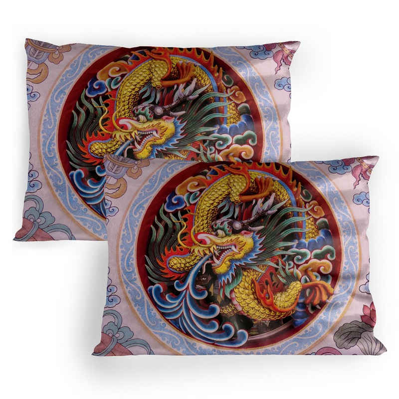 Kissenbezüge Dekorativer Standard Gedruckter Kissenbezug, Abakuhaus (2 Stück), Blume Chinesischer Drache Mythische