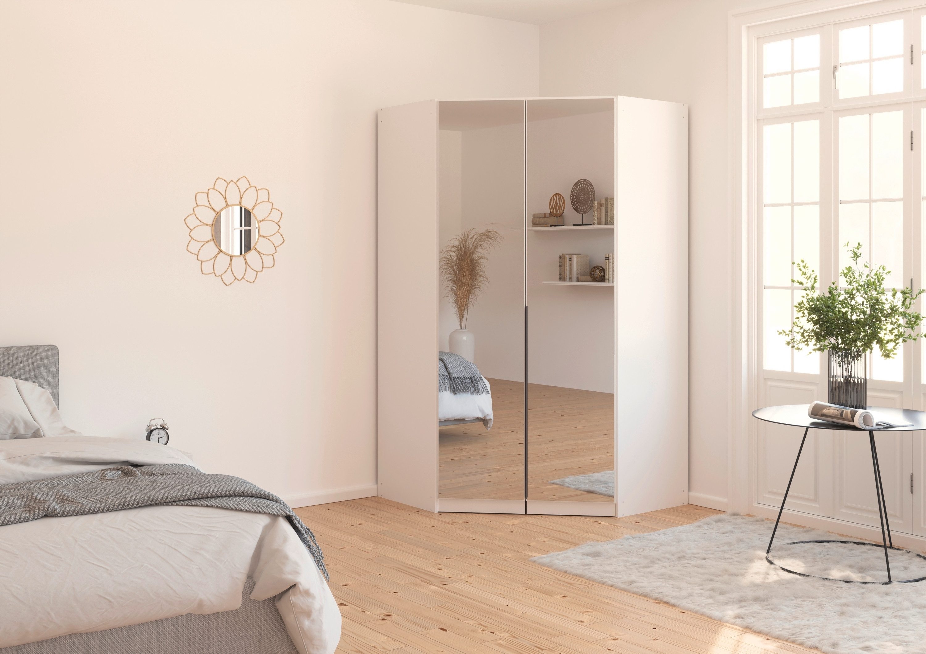 OTTO home Eckkleiderschrank Kleiderschrank Schrank Ankleidezimmer Schlafzimmer Garderobe AGORDO (in zwei Griff-Farben, Breite/Tiefe 117x117 cm, Höhen 210/229 cm) mit Spiegeltüren, voll ausgestattet mit viel Stauraum MADE IN GERMANY
