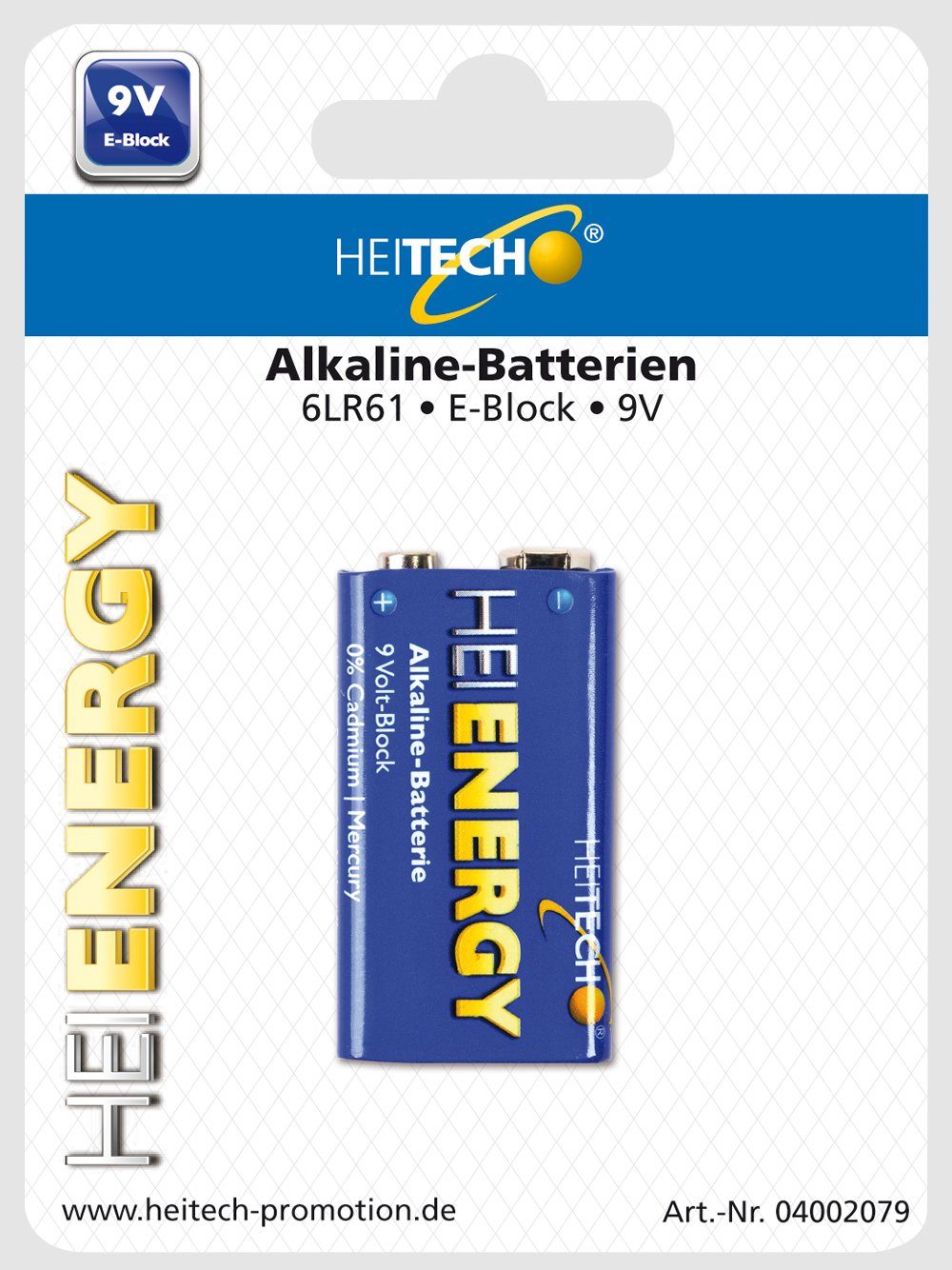 HEITECH Alkaline Batterie 9V Block (1-er Pack) Batterien Größe 6LR61 blau Batterie