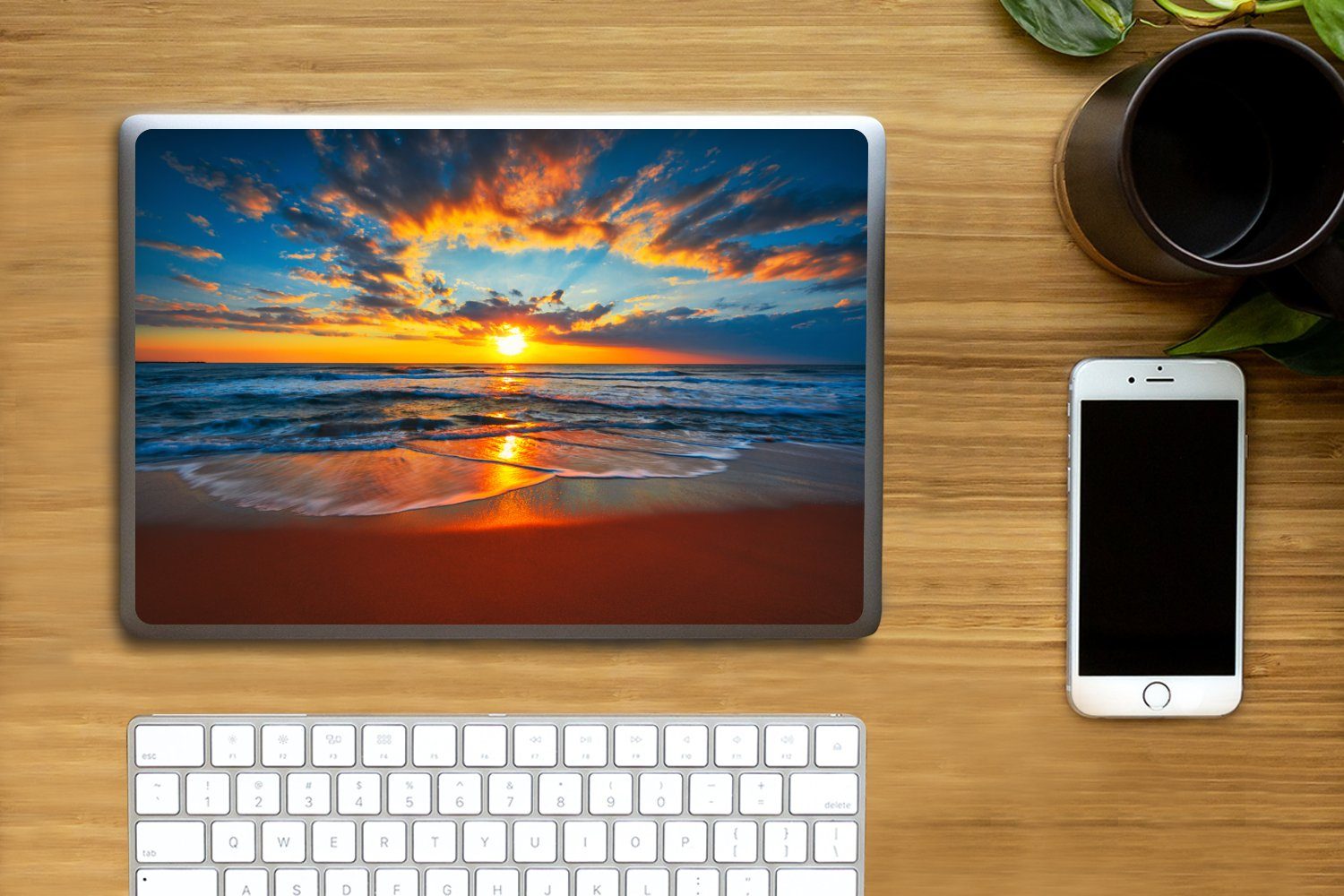 Thumbnail - MuchoWow Laptop-Aufkleber Meer - Sonnenuntergang - Strand - Wolken - Orange