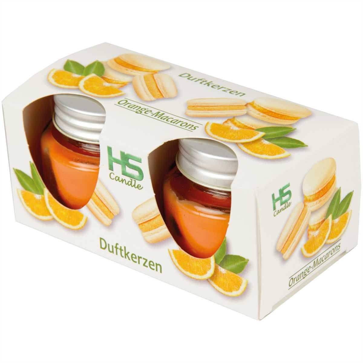 HS Candle Duftkerze mit Deckel, besondere Duftwelten (2-tlg), Macaron Orange, fruchtig, Ø5xH5 cm, bis zu 7h Brenndauer je Kerze