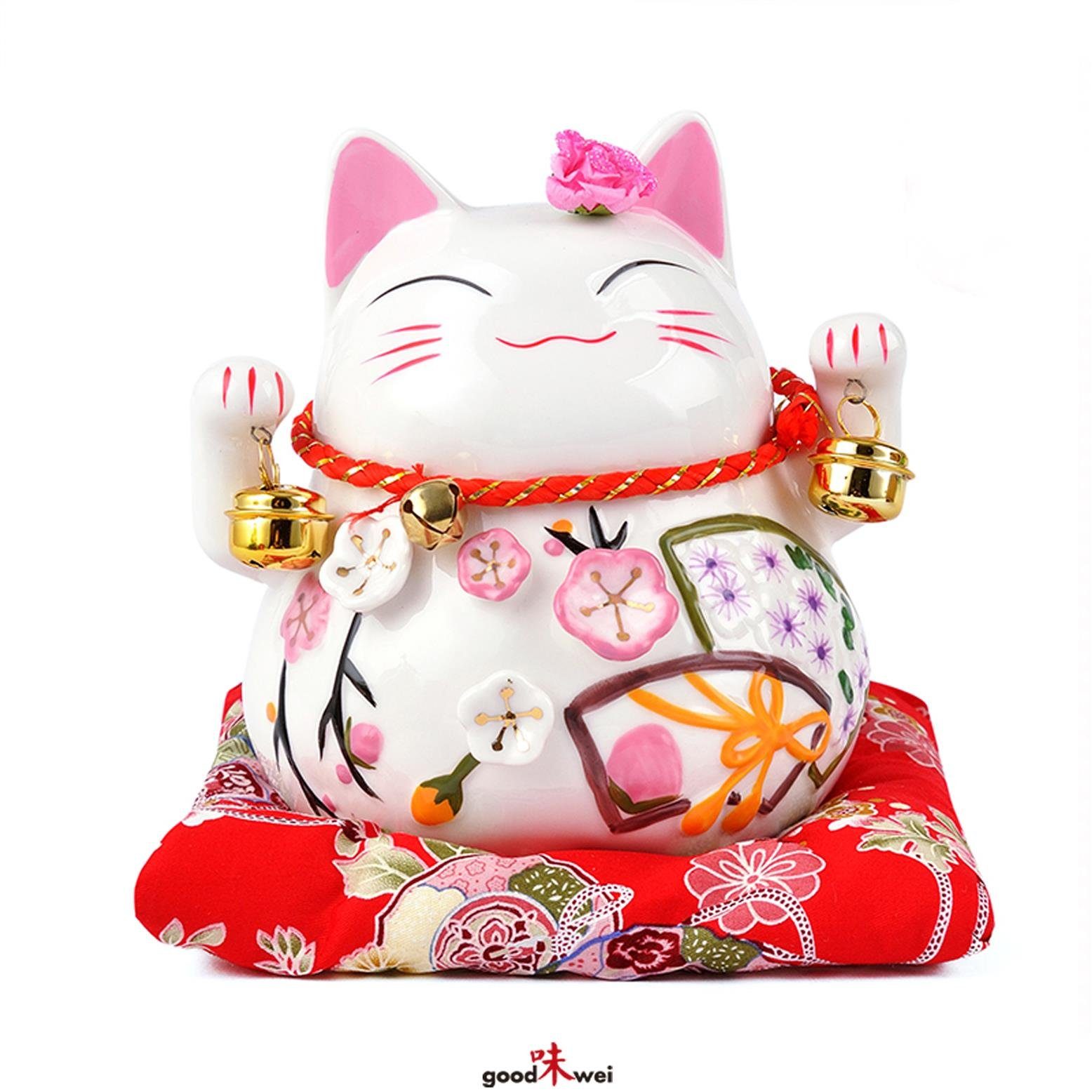 Goodwei Dekofigur Maneki-neko Spardose mit zwei Glocken (weiß, 12 cm) (1 St), Traditoneller japanischer Talisman, handbemalt; hochwertiges Porzellan