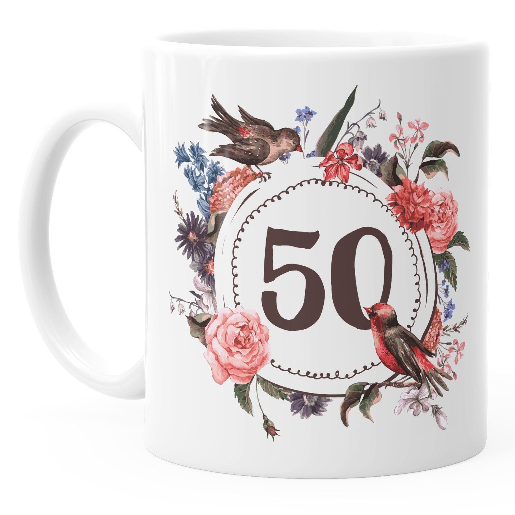 MoonWorks Tasse Geburtstags-Tasse [object Geschenk-Tasse {[object Blüten Object] Object]_ausgeschrieben} 50 Blumenkranz Keramik MoonWorks®, weiß Blumen Kaffee-Tasse