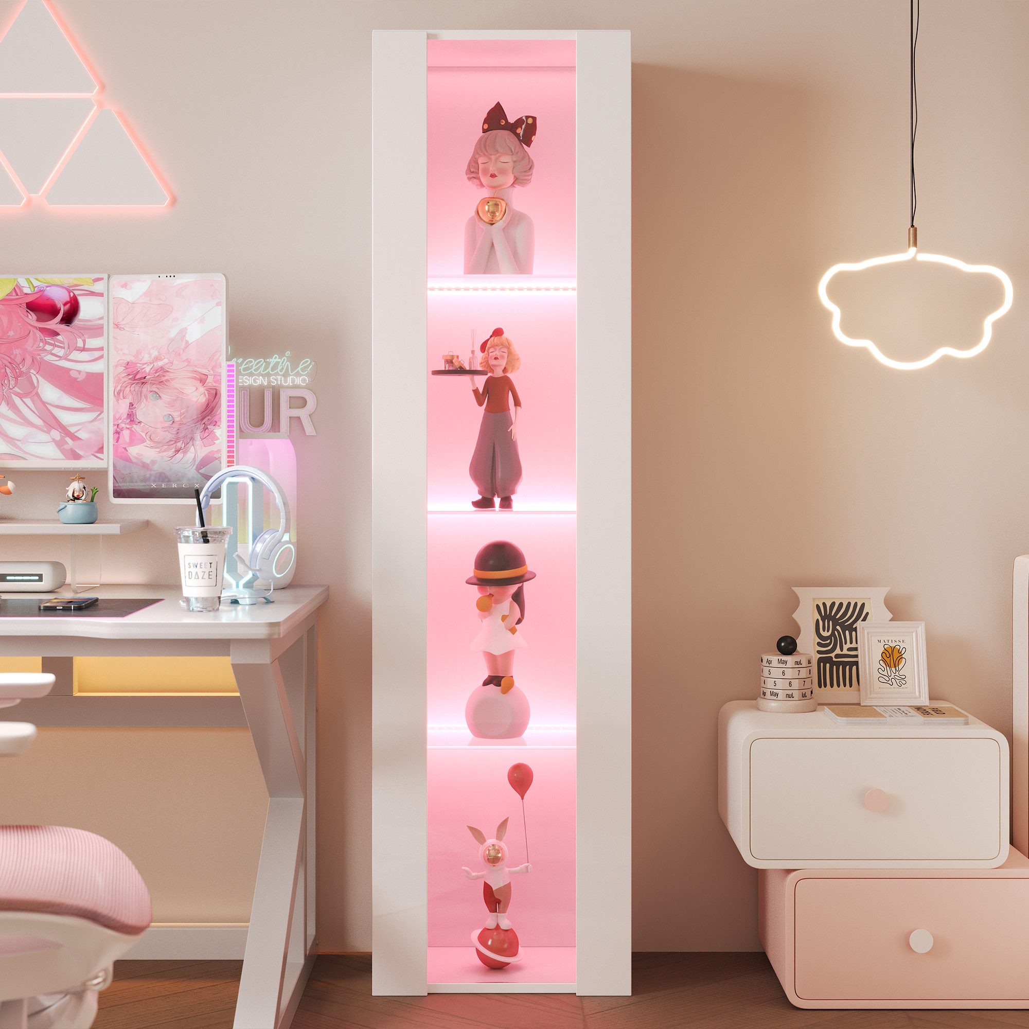 Merax Vitrine Glasvitrine mit LED-Beleuchtung inkl.Fernbedienung (1-St., 40x29x170 cm) Vitrinenschrank Standvitrine mit Glastrennwand und Acrylfront