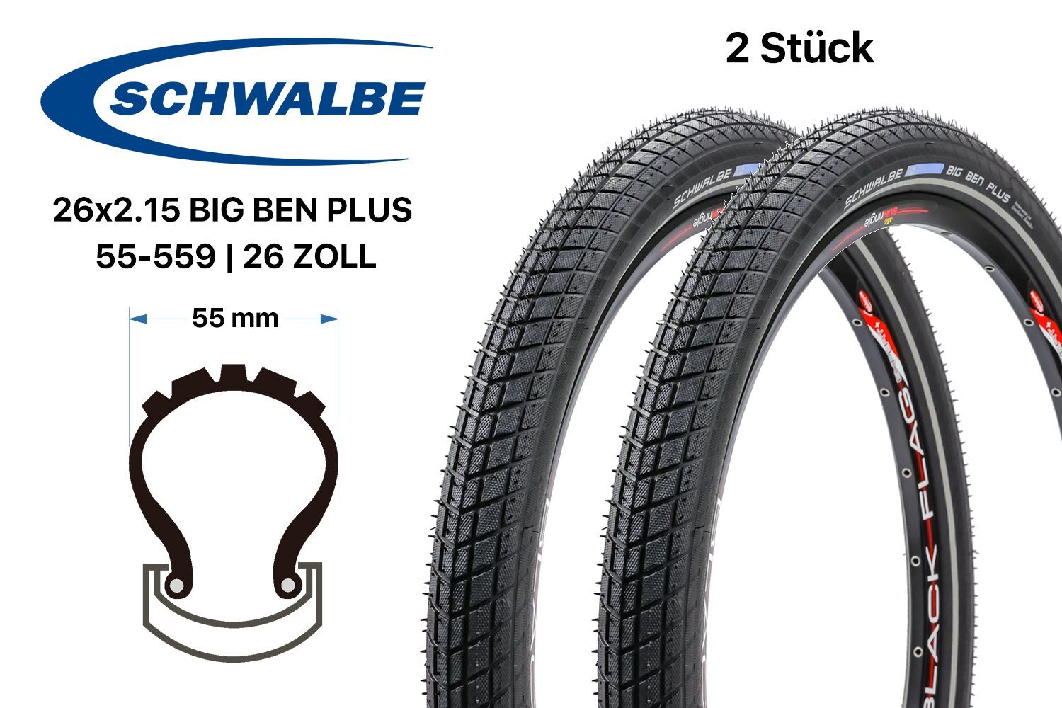 Fahrradreifen 2 Stück 26 Zoll Schwalbe Big Ben Plus Reifen 26x2.15 City Bike Reflex