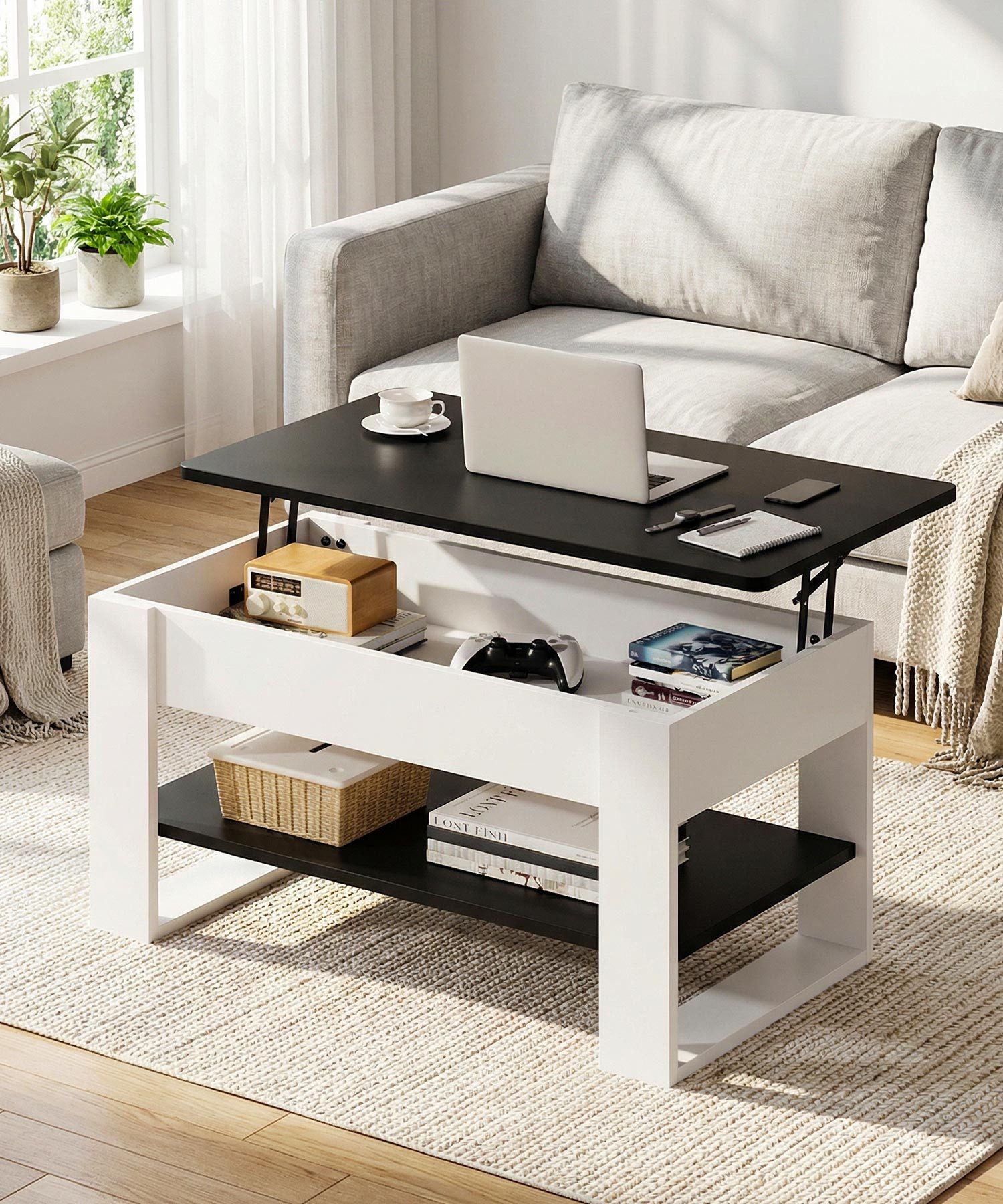 Yorbay Couchtisch Höhenverstellbar 46-60cm mit Gasfeder & verstecktem Fach, Sofatisch mit Stauraum, Wohnzimmertisch, stabil bis 80kg