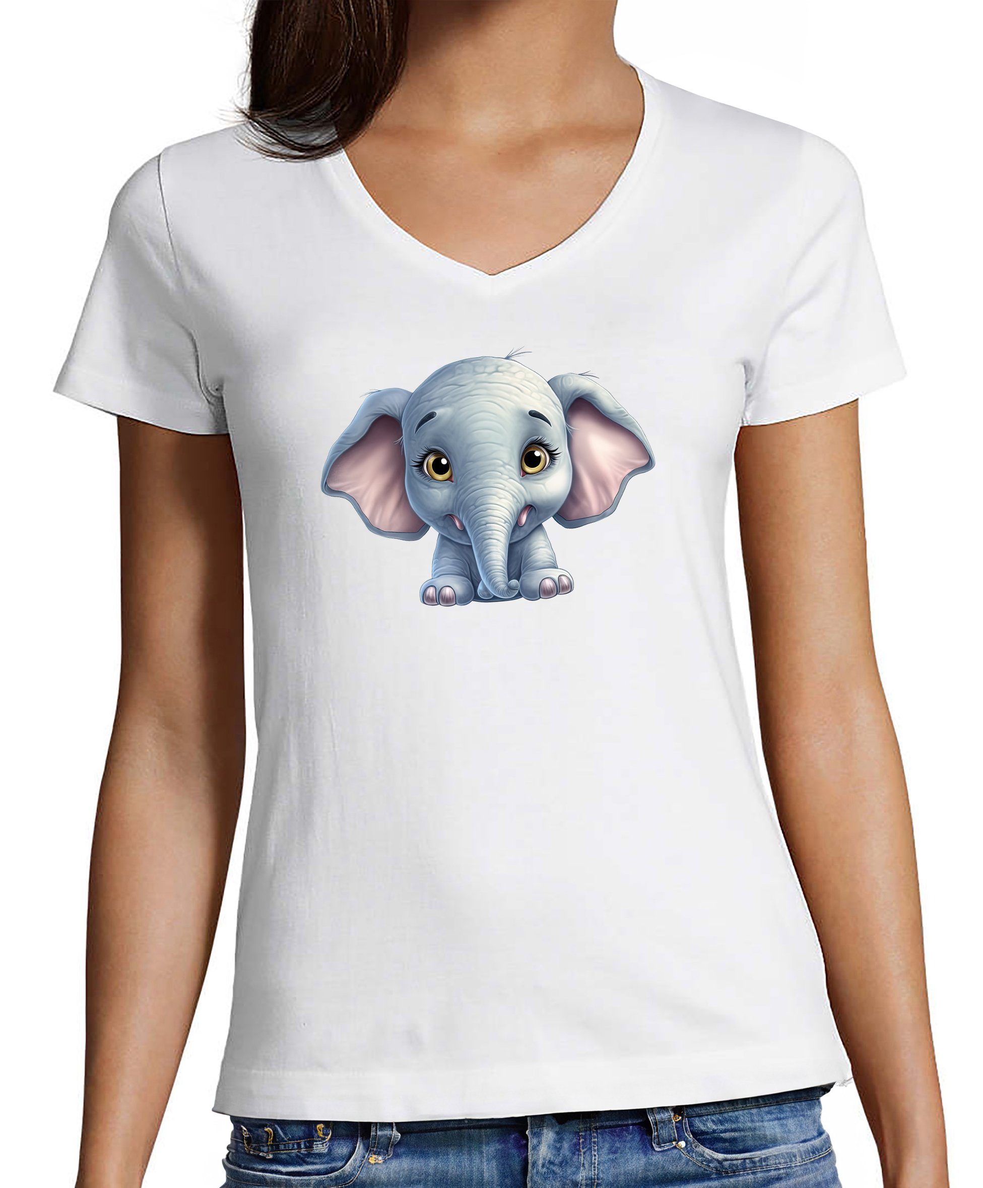 MyDesign24 T-Shirt Damen Wildtier Print Shirt - Baby Elefant V-Ausschnitt Baumwollshirt mit Aufdruck Slim Fit i272