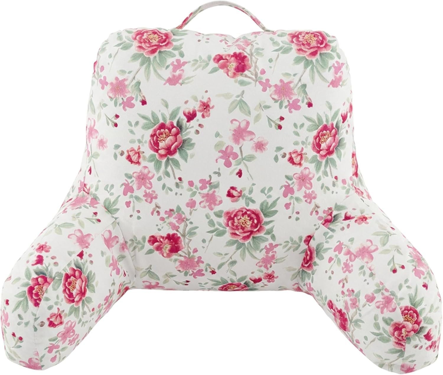 Delindo Lifestyle Rückenkissen mit Armlehnen und Seitentaschen, Lesekissen für Bett und Sofa, Rosen