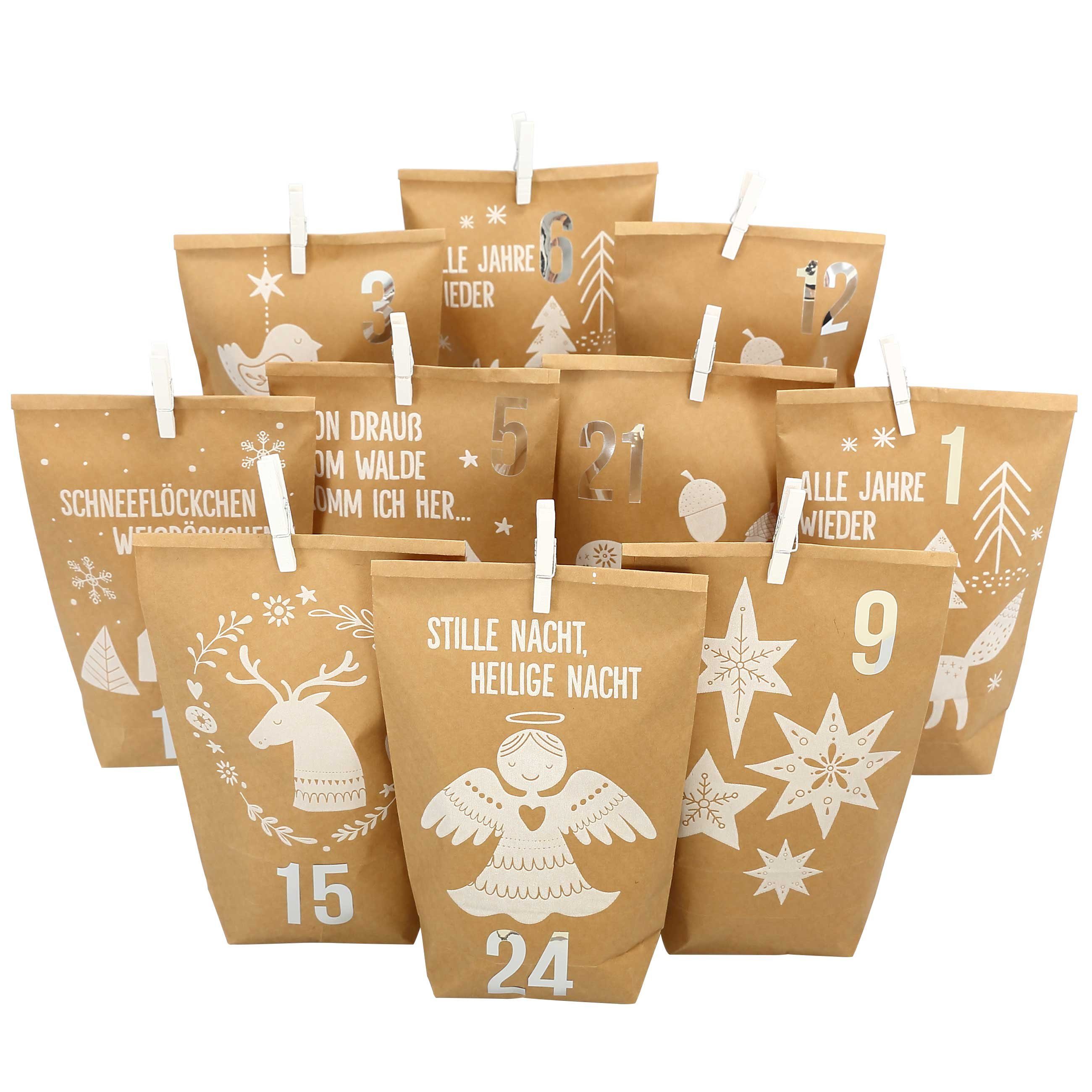 PAPIERDRACHEN befüllbarer Adventskalender DIY Adventskalender - 24 Geschenktüten, 24 Zahlenaufkleber & Klammern