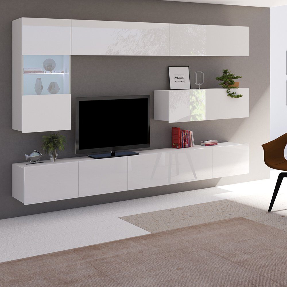 Lomadox Wohnwand CAIRNS-132, (6-St), in weiß Hochglanz, Modern, grifflos
