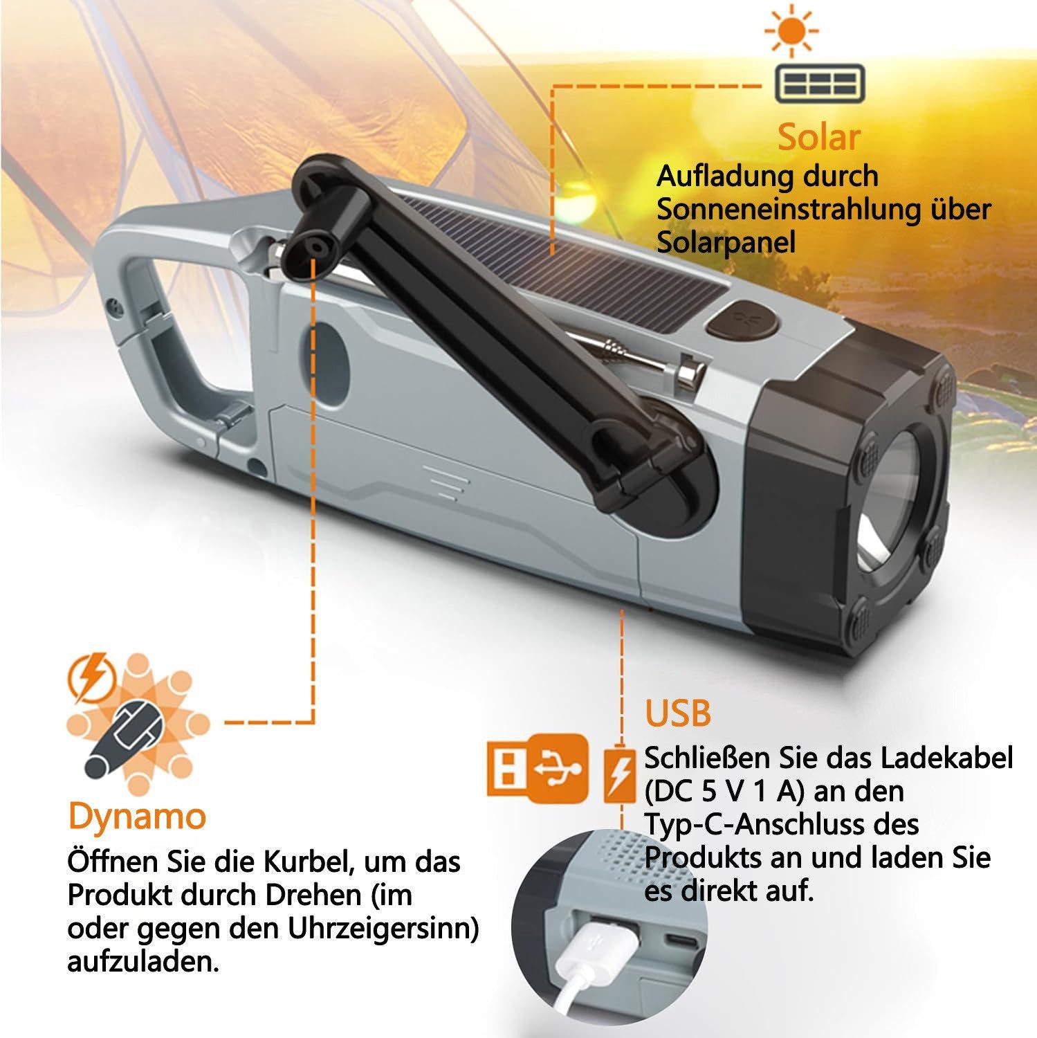 Forrlite Radio, Solar Radio,AM/FM notfallradio, Kurbelradio mit powerbank Radio (7,5 W, Led Taschenlampe, SOS-Alarm, handy ladefunktion, für Camping, Ourdoor)