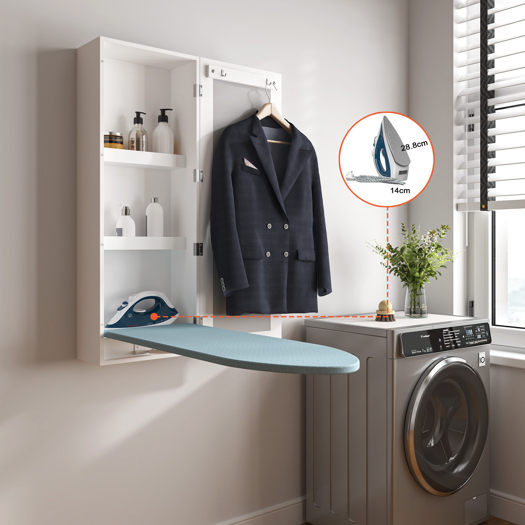 REDOM Spiegelschrank Wand-Bügelbrett-Schrank mit Spiegel und Stauraum für Bügeleisen (180-Grad-Drehbarer Bügelschrank mit Metallhalterung)