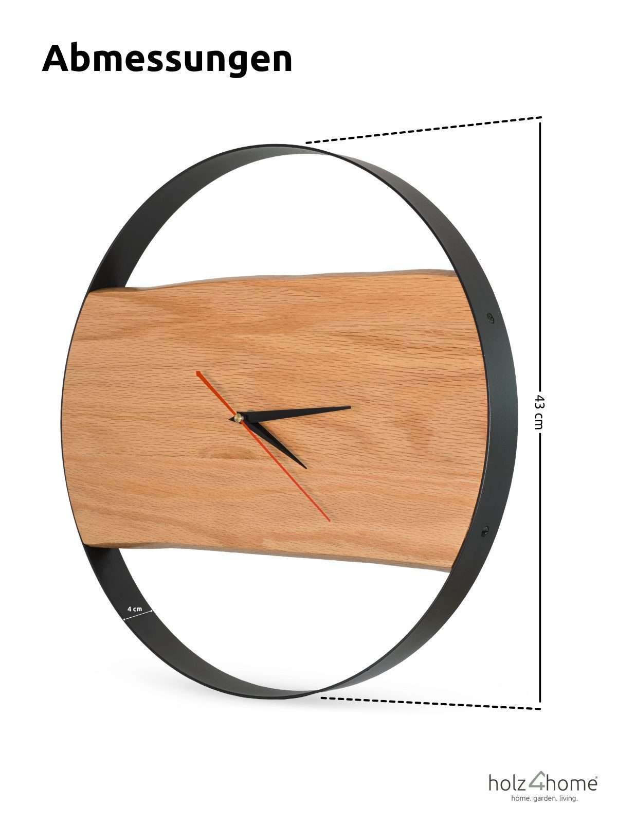 holz4home® Wanduhr Uhr aus Eichenholz mit Stahlrahmen Ø43 cm (Massivholz) – Bild 5 von 5