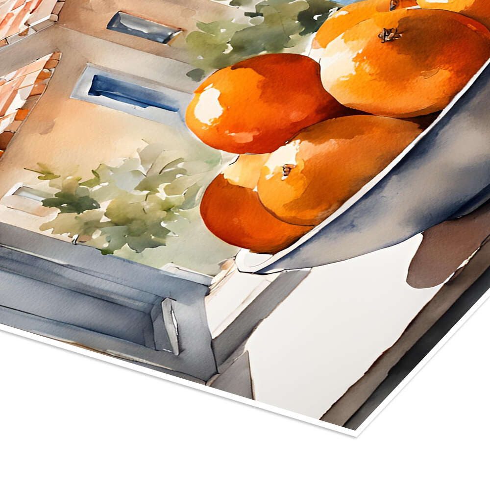 Posterlounge Wandbild Orangen in Schale mit mediterraner Aussicht, Ohkimiko, erhältlich als Poster, Leinwandbild, Wandsticker oder Acrylglasbild