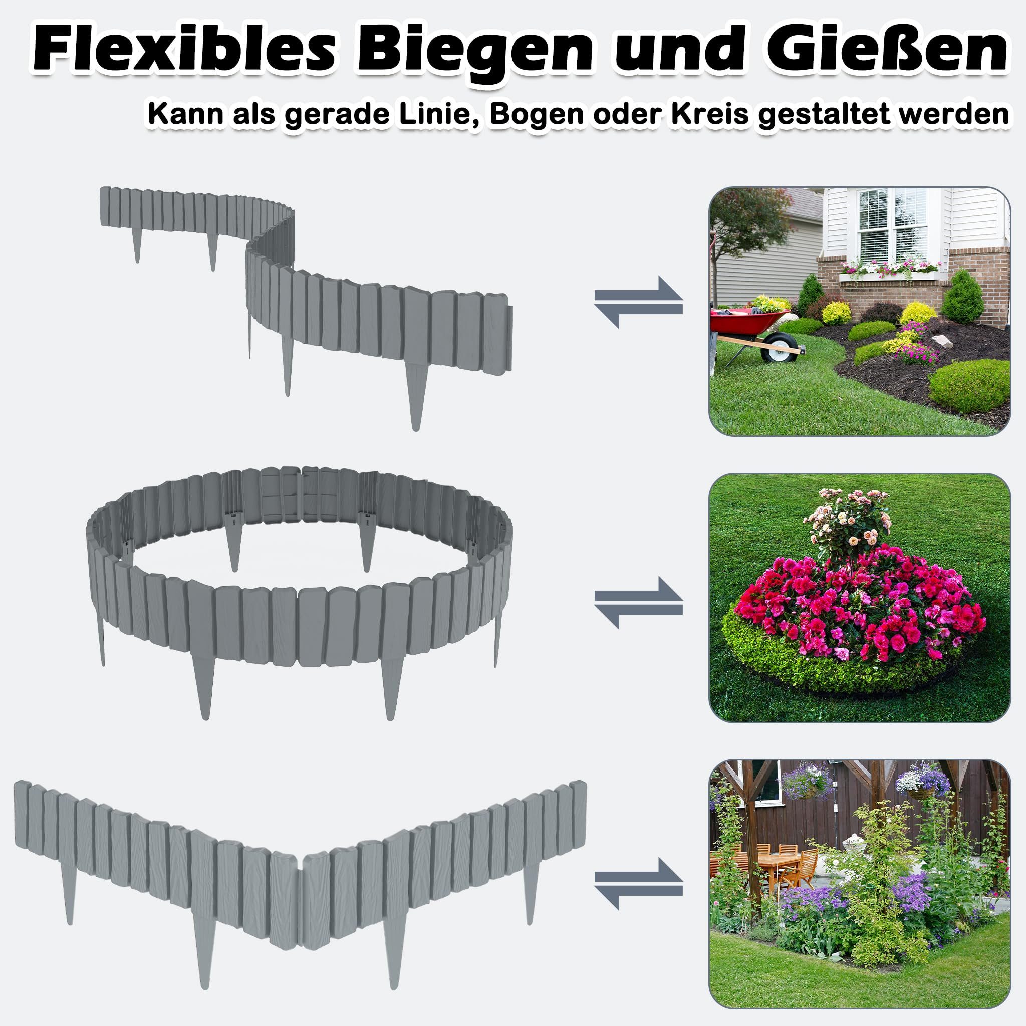 FIVMEN Beetumrandung 2,3m/4,6m Rasenkanten Kunststoff Beeteinfassung, Anthrazit/Braun/Grau, Holzimitation Mähkante 4/8 stücke Randsteine