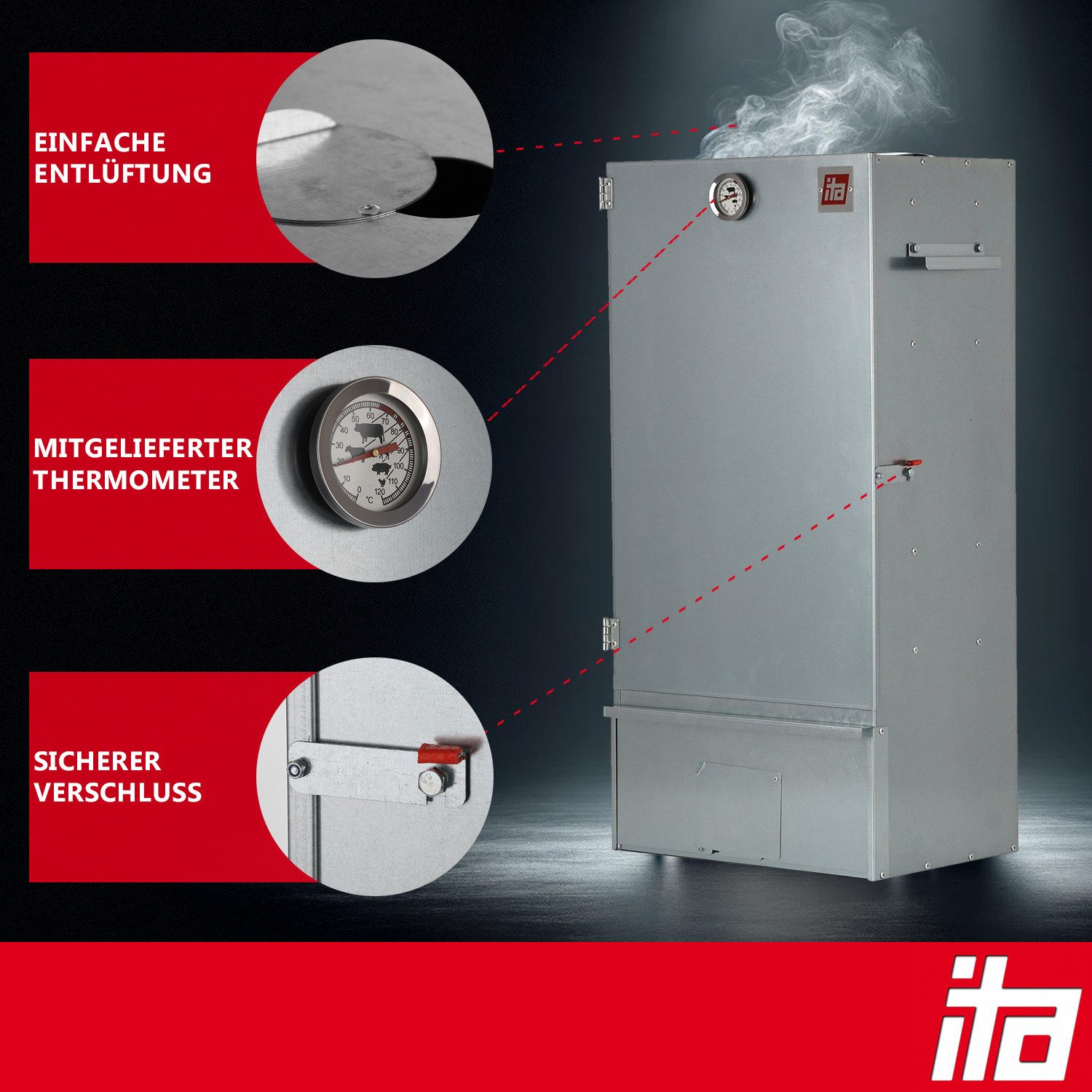 ITA Räucherofen Räucherofen 7001 - Premium Räucherschrank mit 3 Etagen 81 cm, 1-St., Legierter Stahl - Qualität Made In EU - Smoker - Direkt vom Hersteller