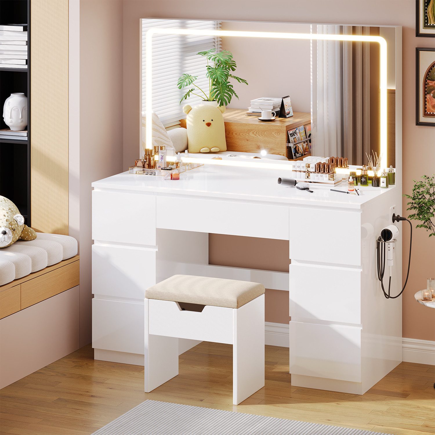HOMALL Schminktisch Großer Schminktisch, Maße 115/120 x 40 x 140 cm, mit Schmuckschrank (LED-Beleuchtung und Steckdosen, großer Spiegel 105 cm, mit 7 Schubladen, optionaler Hocker)