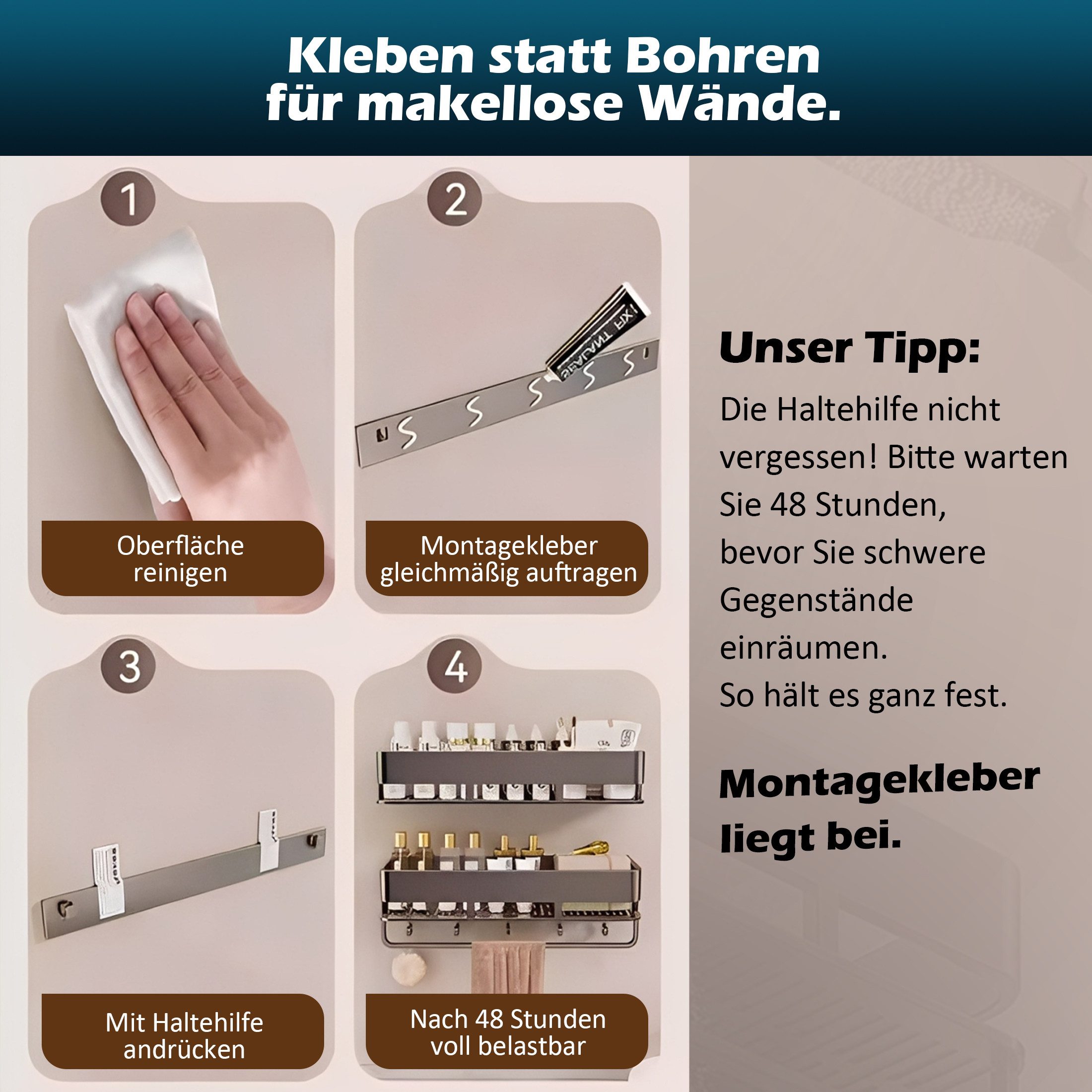 ibettertec Duschablage Edelstahl Eckregal ohne Bohren,in Größen 30/40/50 cm,Duschkorb, Aluminium Rostfrei,Badezimmer Duschablage, Schwarzes Wandregal für Bad un – Bild 3 von 5