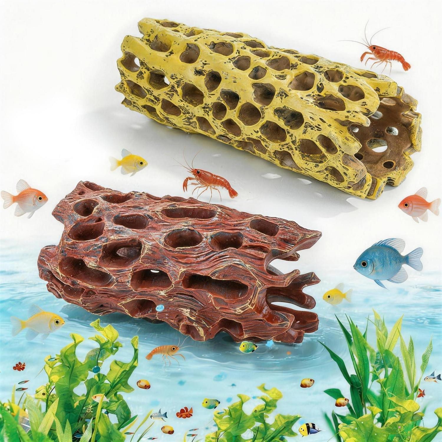 LuxusKollektion Aquariendeko Aquarium Versteck Höhle 2er Set Braun Gelb