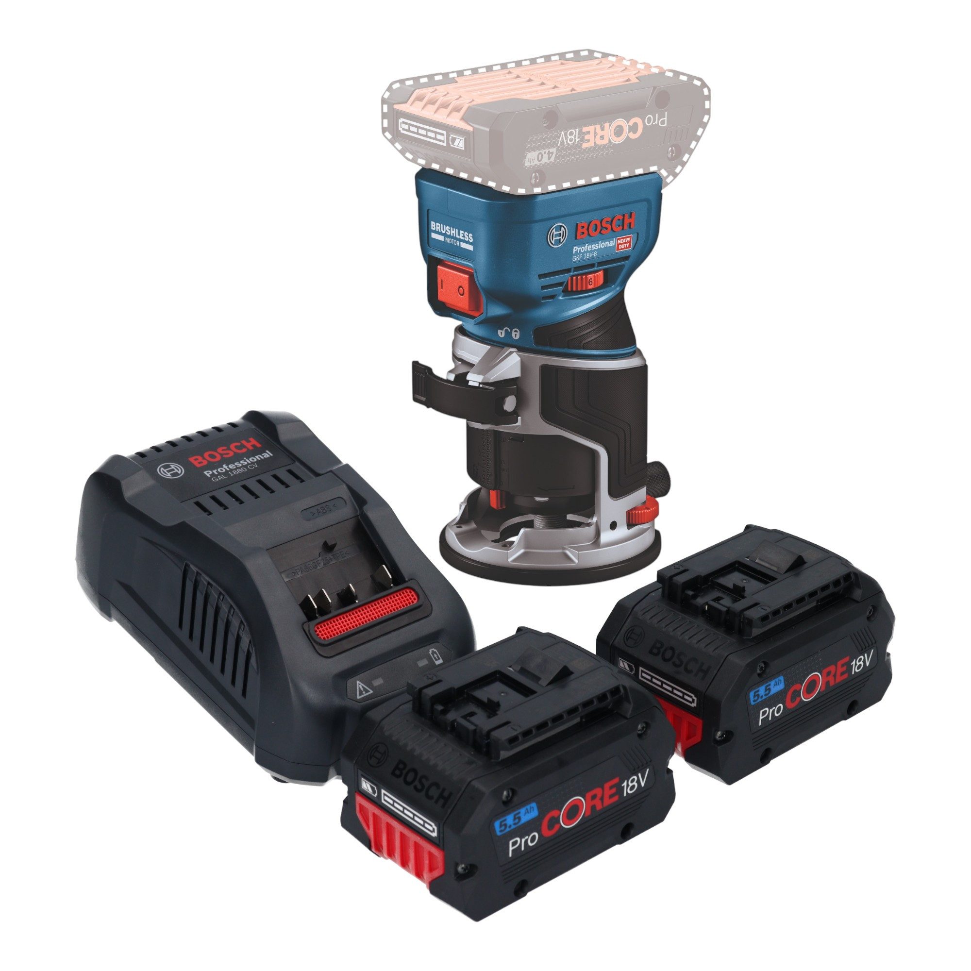 Bosch Professional Oberfräse GKF 18V-8 Professional Akku Kantenfräse 18 V 8,0 mm Brushless + 2x