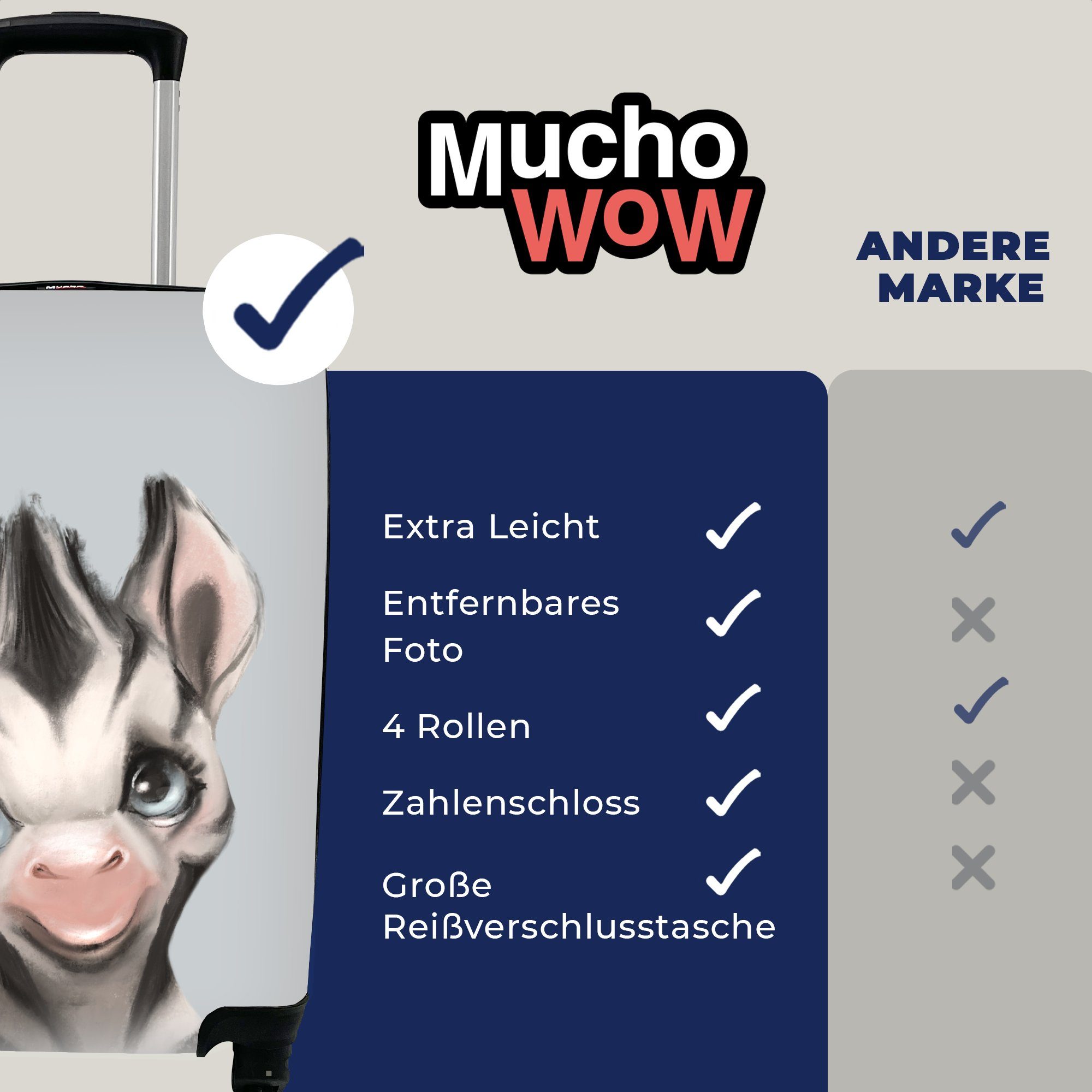 MuchoWow Handgepäckkoffer Zebra Handgepäck Rollen, Reisekoffer - Kind - Ferien, Grau, mit Reisetasche 4 rollen, Trolley, für
