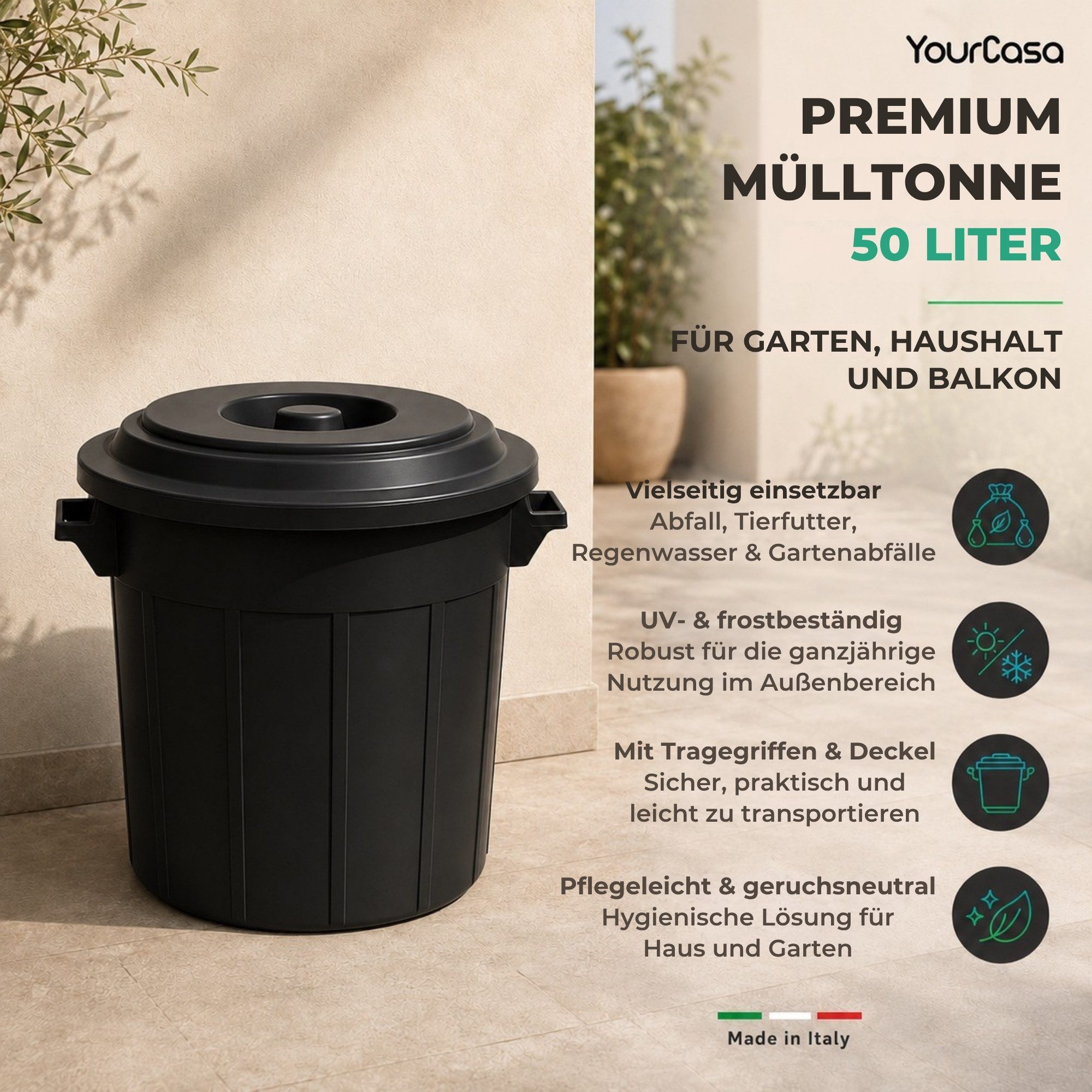 YourCasa Mülleimer YourCasa Mülltonne - Mülleimer 50-70L mit Deckel und Trageriffen, Fassungsvermögen 50-70L