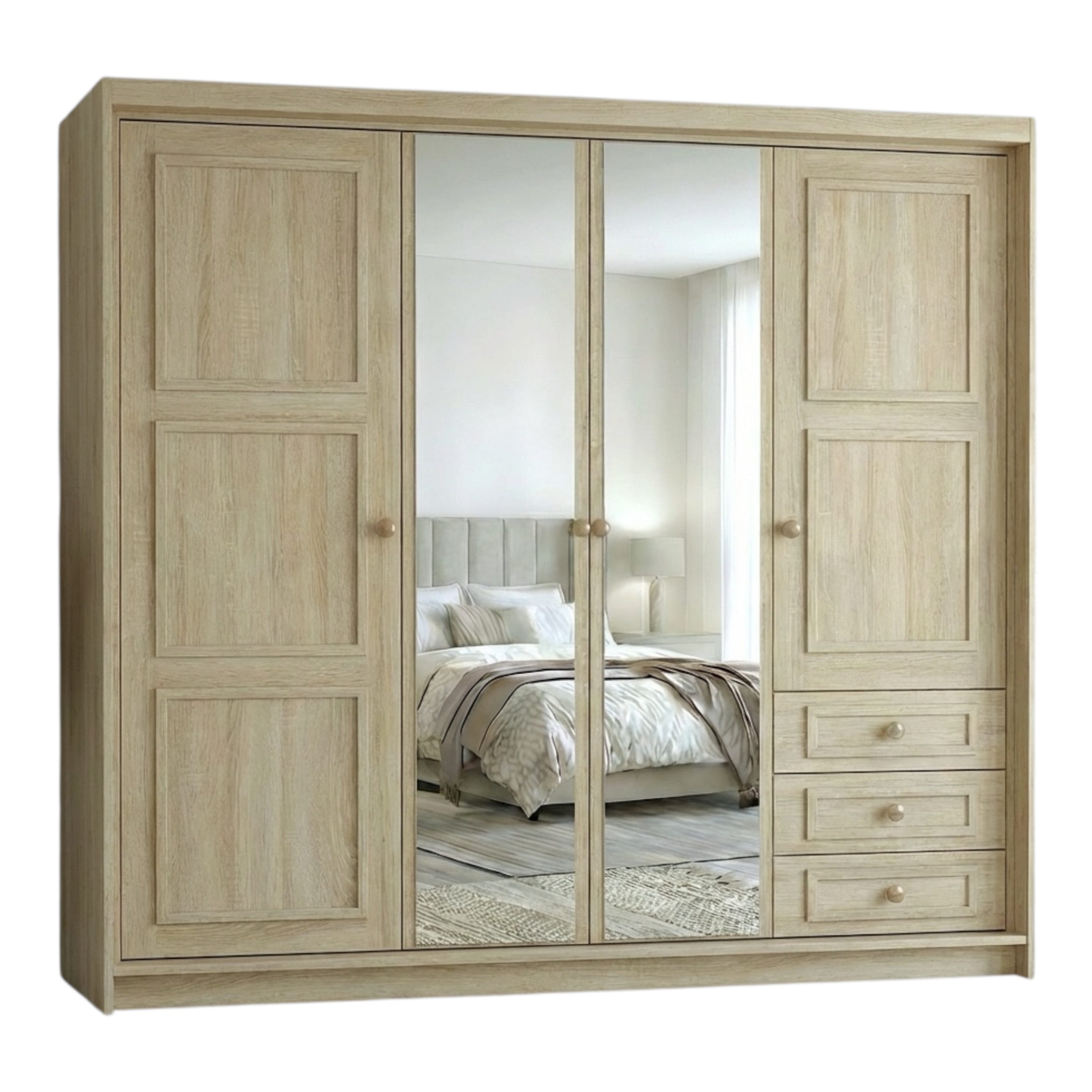 A&J MöbelLand GmbH Drehtürenschrank OSLO viertüriger Kleiderschrank mit Schubladen und Metallgriffen (Geräumiger viertüriger Kleiderschrank mit Schubladen und Metallgriffen. Geräumiger Schrank mit einer Breite von 200 cm und Schubladen, ideal zur Aufbewah