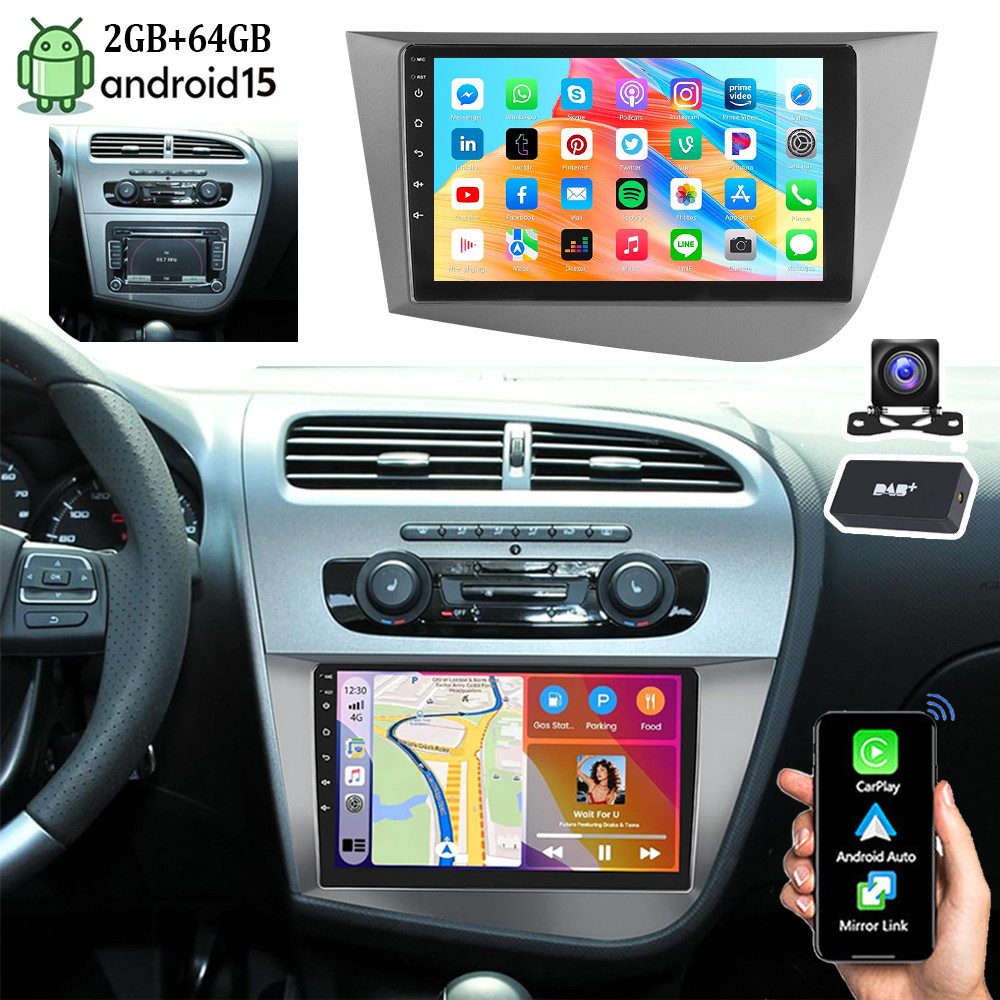 ESSGOO 64G Für Seat Leon 1P1 2005-2012 Android15 Carplay GPS NAVI WIFI BT 4.1 Autoradio (RDS, 4+64GB(optional), FM, AM, DAB+ (optional), Wireless Apple Carplay & Android Auto,2 DIN,WMA,ASP)