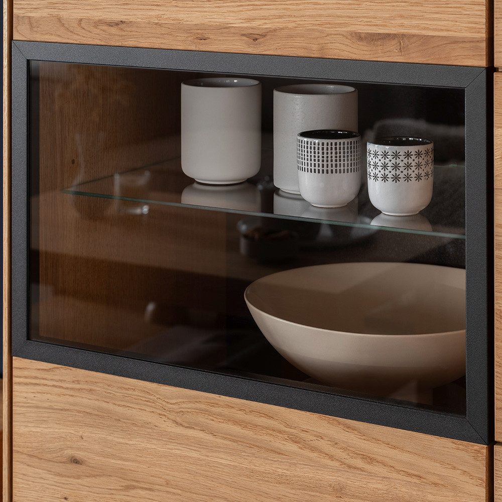 Lomadox Highboard AVESTA-06, in Eiche, teilmassiv, grifflos mit schwarzen Griffblenden