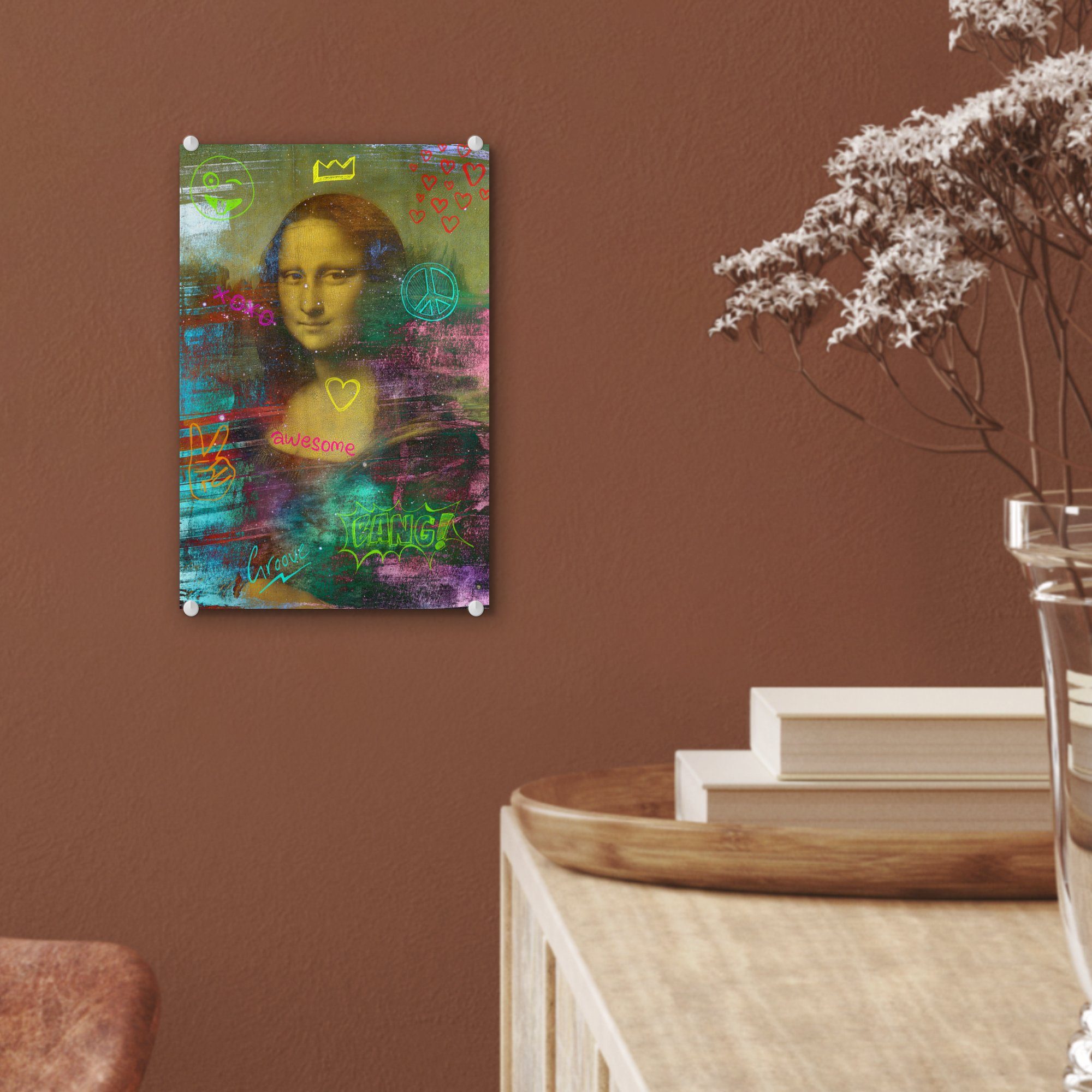 Glas Lisa auf auf Vinci - bunt MuchoWow - Glasbilder Wandbild Bilder Wanddekoration St), - Glas Foto Acrylglasbild Mona Neon, Leonardo - (1 - da