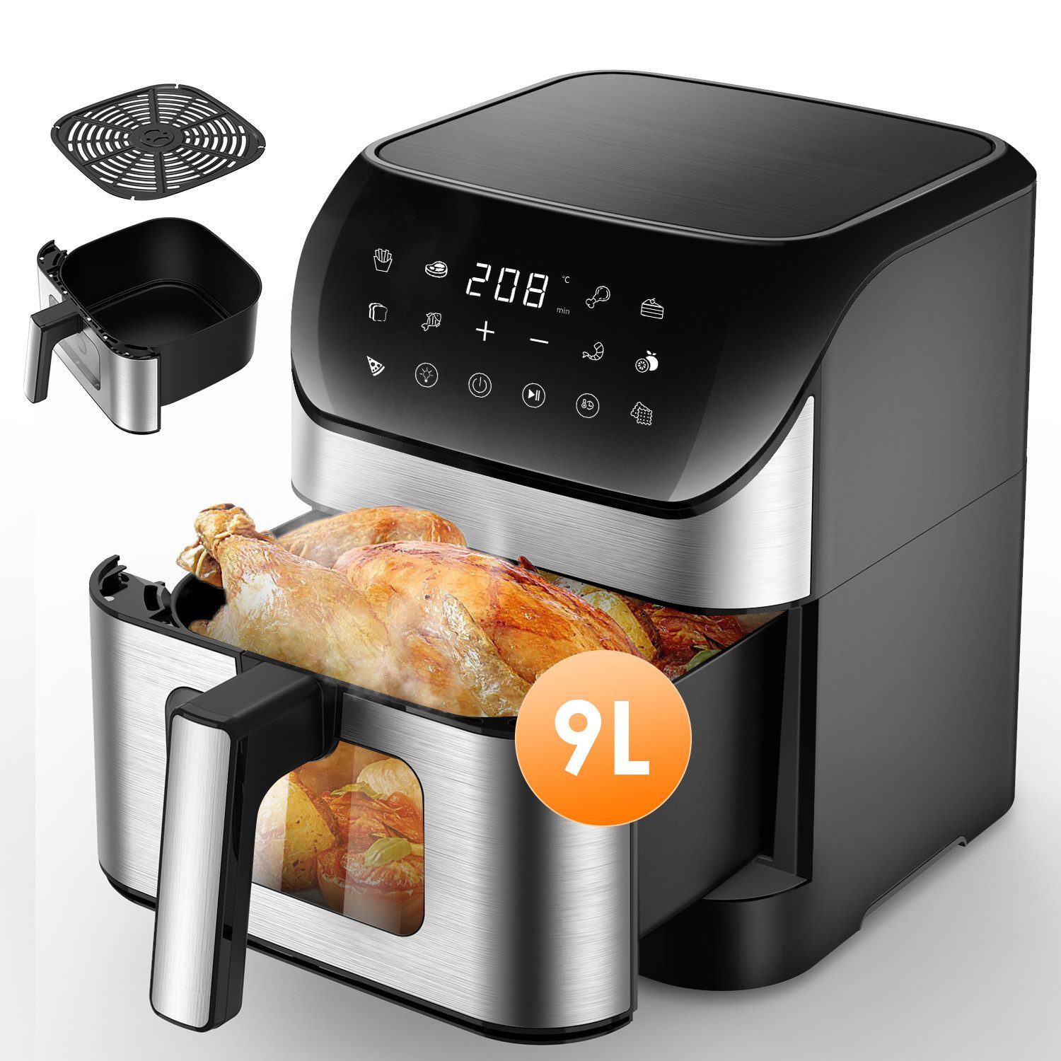 oyajia Heißluftfritteuse 10L Heißluftfritteuse aus Edelstahl, 2 Heizelementen, 12 Automatikprogramme, Sichtfenster, Touch Bedienfeld, LED Anzeige, 1800 W, Temperatur einstellbar 30 - 200 °C, 60-Minuten-Timer, silber-schwarz