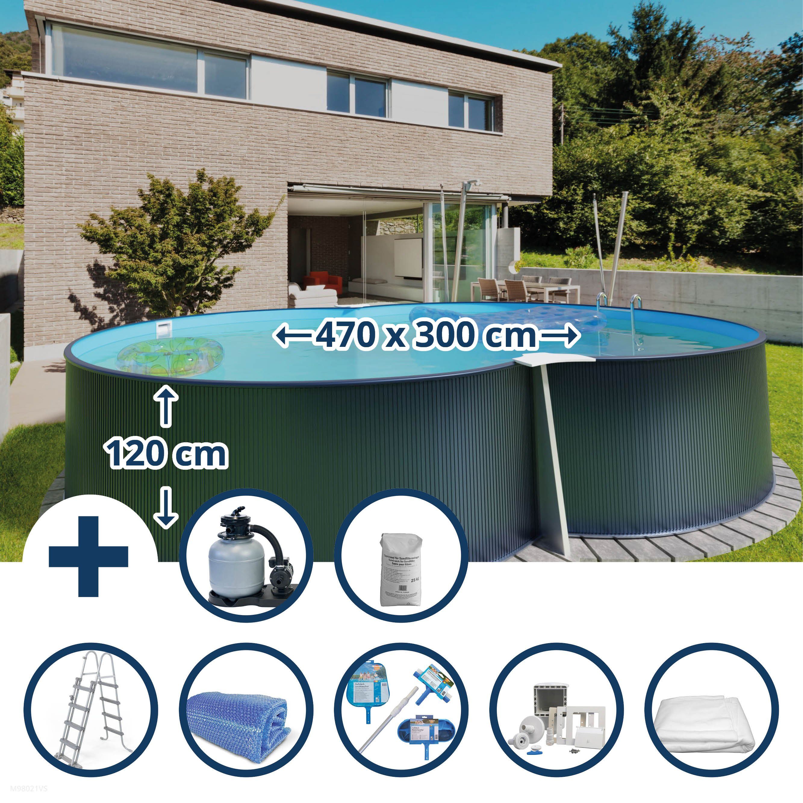 Waterman Achtformpool Stahlwandpool Set (8-teilig) hoch achtform 470x300 (Komplett-Set), verzinkte Stahlwand