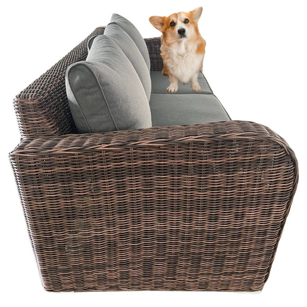 LebensWohnArt Loungesofa 3er Lounge Sofa VITA rundes Polyrattan Natural-Brown Gartenmöbel