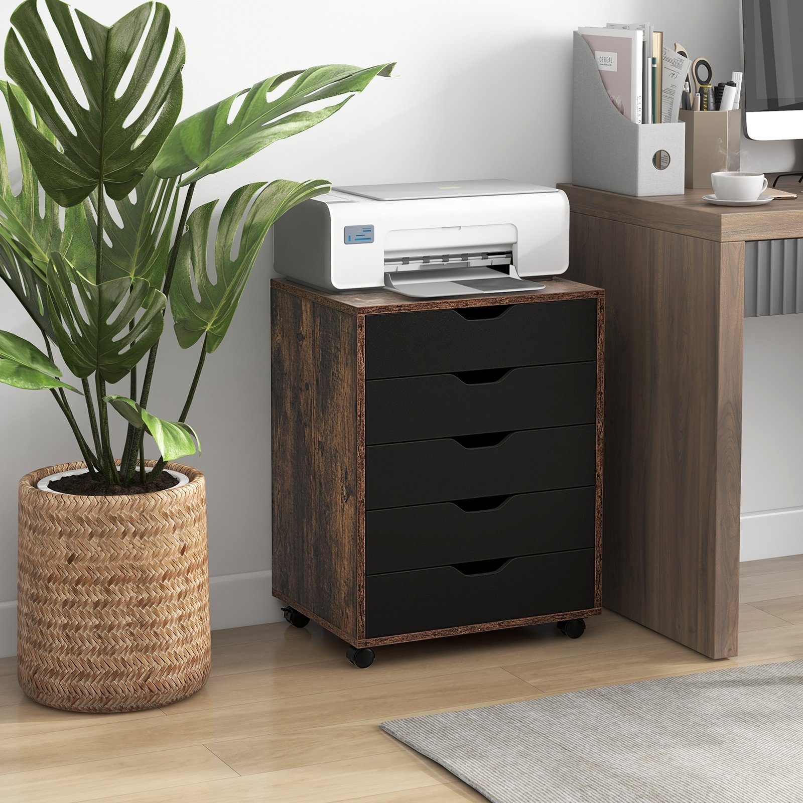 COSTWAY Rollcontainer, mit 5 Schubladen und Rädern, Holz, 48x39,5x65,5cm günstig online kaufen