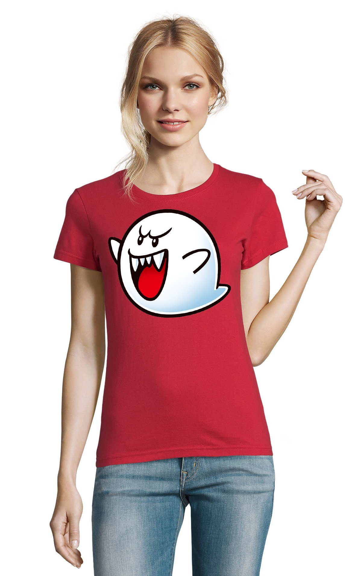 Damen Gespenst Rot T-Shirt Super Mario Brownie & Geist Nintendo Blondie Konsole Boo