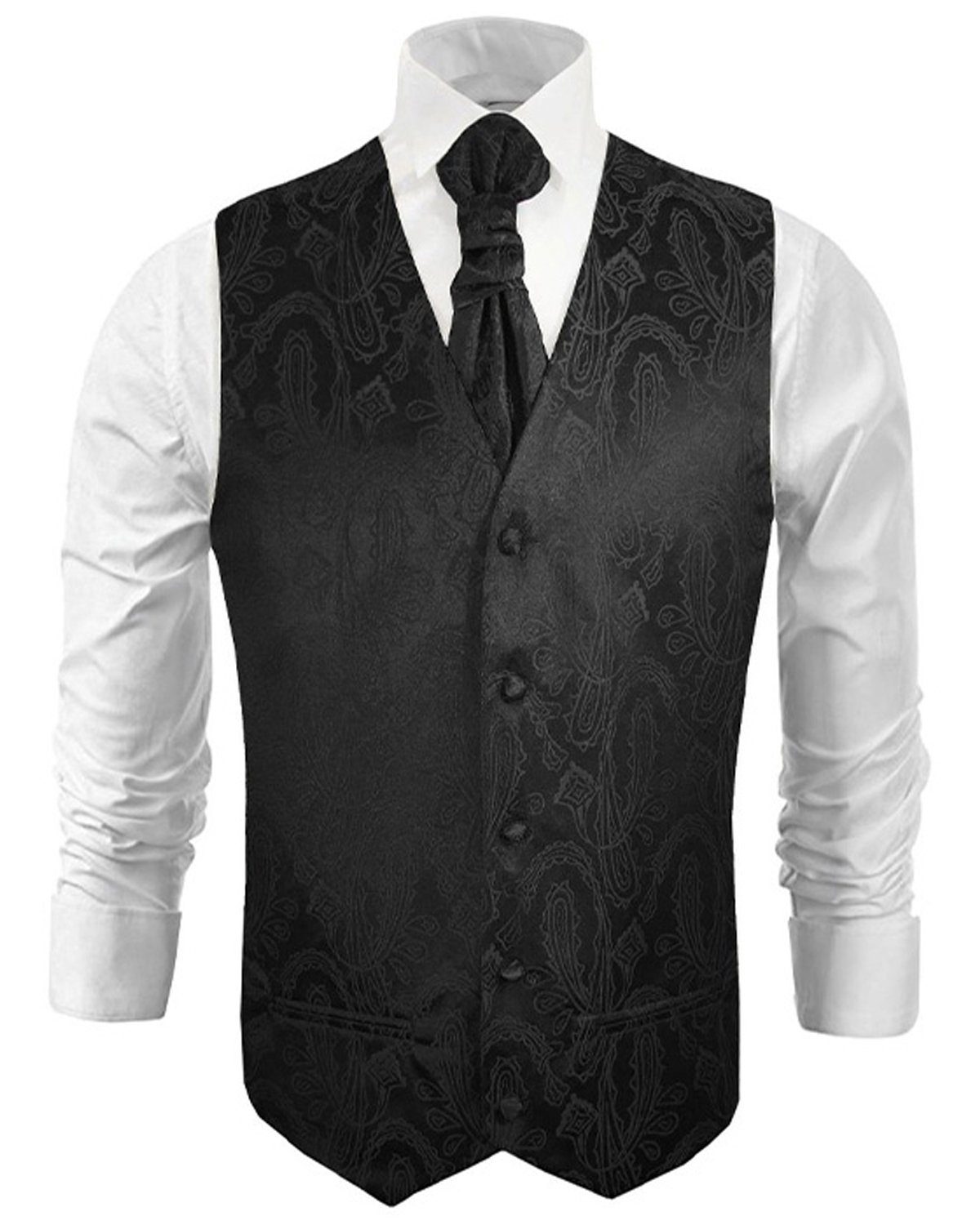 Paul Malone Anzugweste Herren Hochzeitsweste mit Plastron Set 2tlg paisley - Bräutigam (Set, 2-tlg., mit Weste und Plastron) schwarz V2, Gr. 56 (XL)