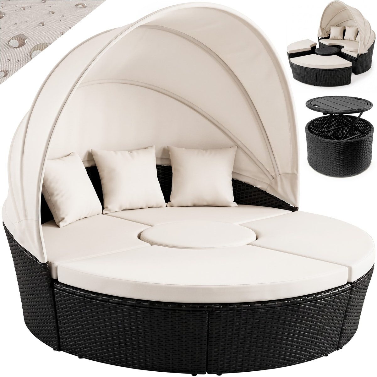 Casaria Sonneninsel Schwarz, 185cm Sonnenliege Polyrattan mit Tisch Wetterfest Kissen Gartenliege