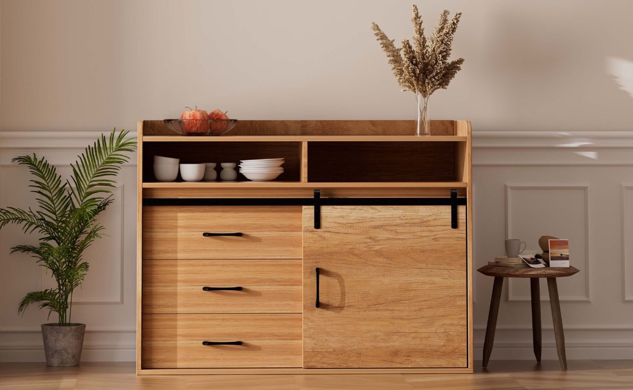 HOMAVO Sideboard HG1 kommode mit Schiebetüren & 4 Schubladen – 107 & 140 cm (FSC®, viel Stauraum, pflegeleicht), für Wohnzimmer Schlafzimmer Büro Flur – Bild 2 von 5