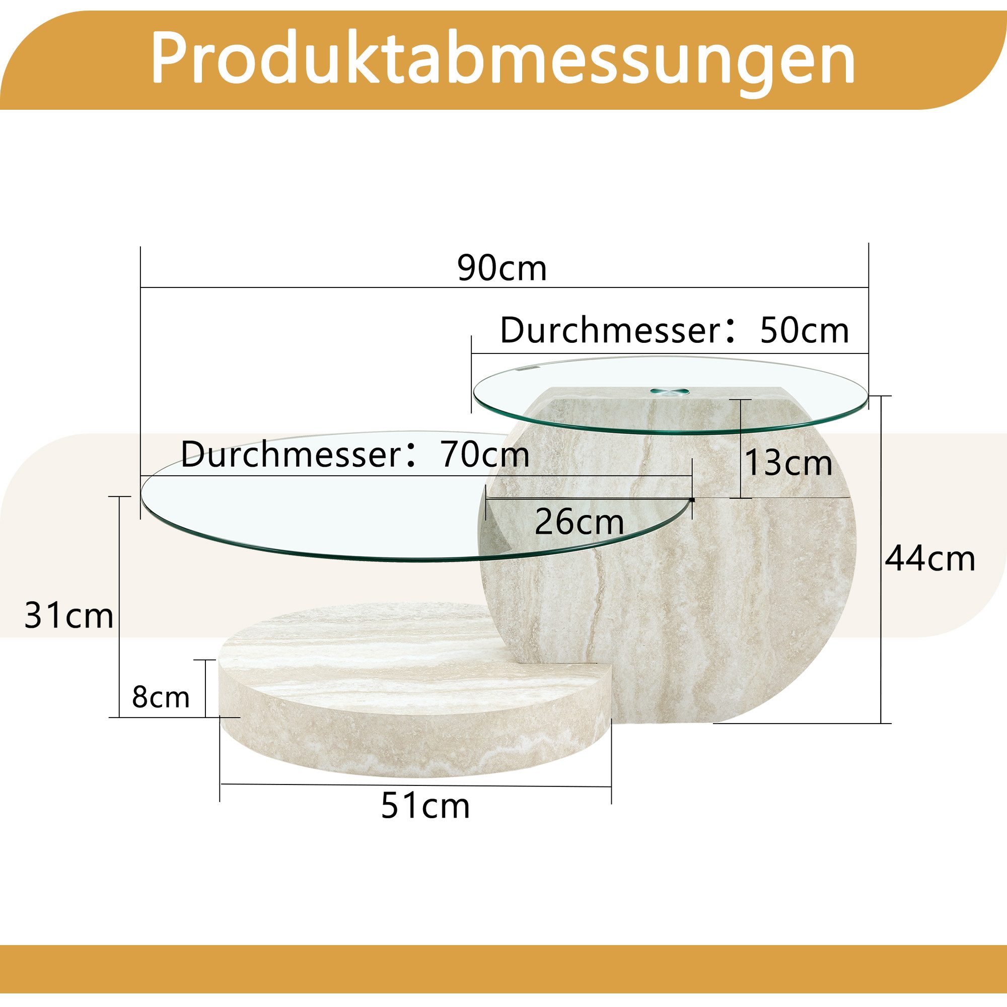 gopop Couchtisch 2er Set, Rundes Glas-Beistelltisch Wohnzimmertisch mit Stauraum, 6 mm Hartglasplatten, MDF-Basis, 90x70 cm