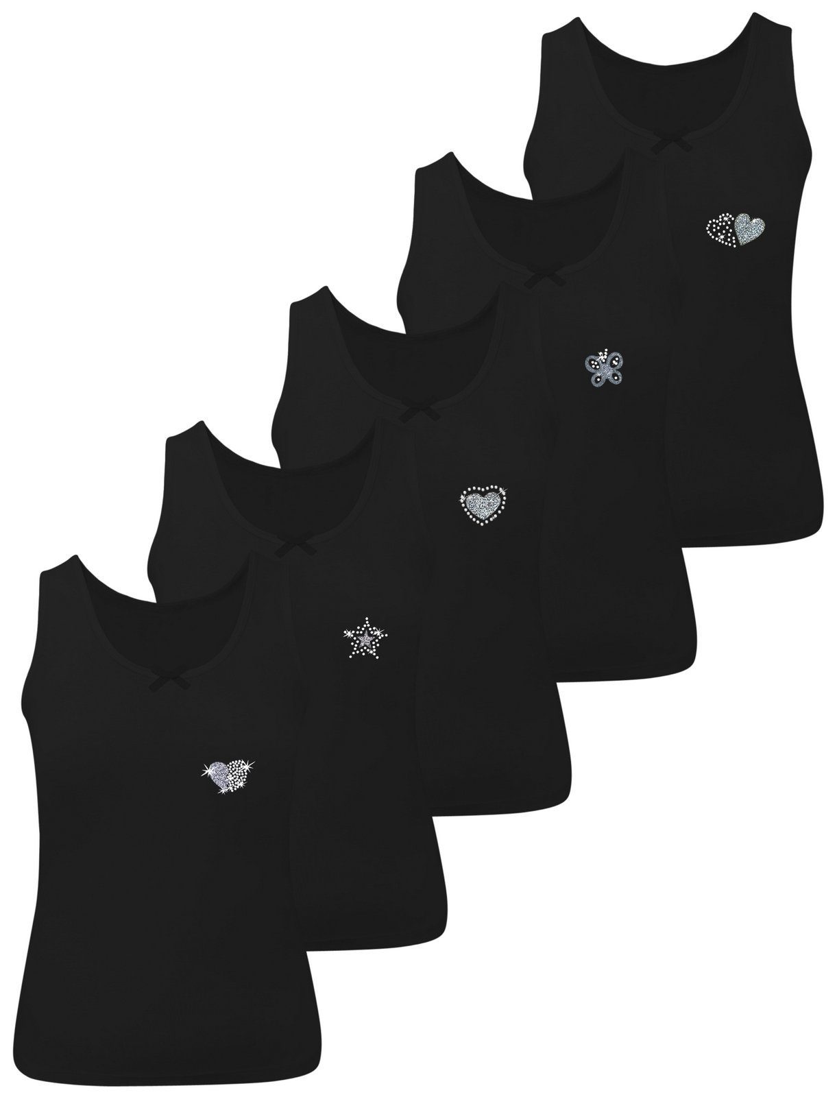 LOREZA Unterhemd 5 Mädchen Schwarz Unterhemden Baumwolle Strass (Set, 5-St) Schwarz Breite Träger